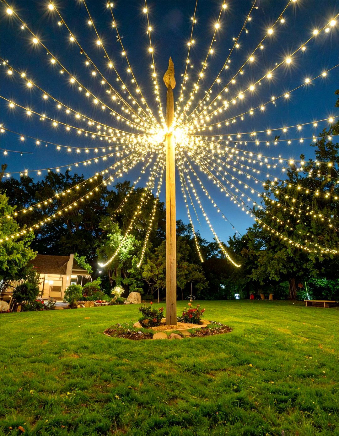 Overhead Maypole Design - 30 backyard string light ideas