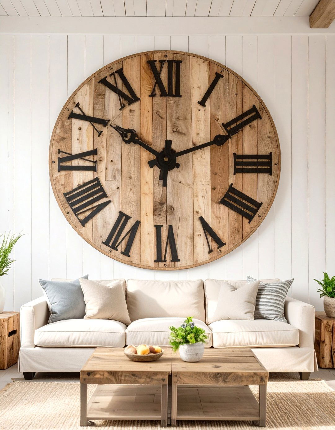 Oversized Wooden Wall Clock - 30 modern farmhouse wall decor ideas