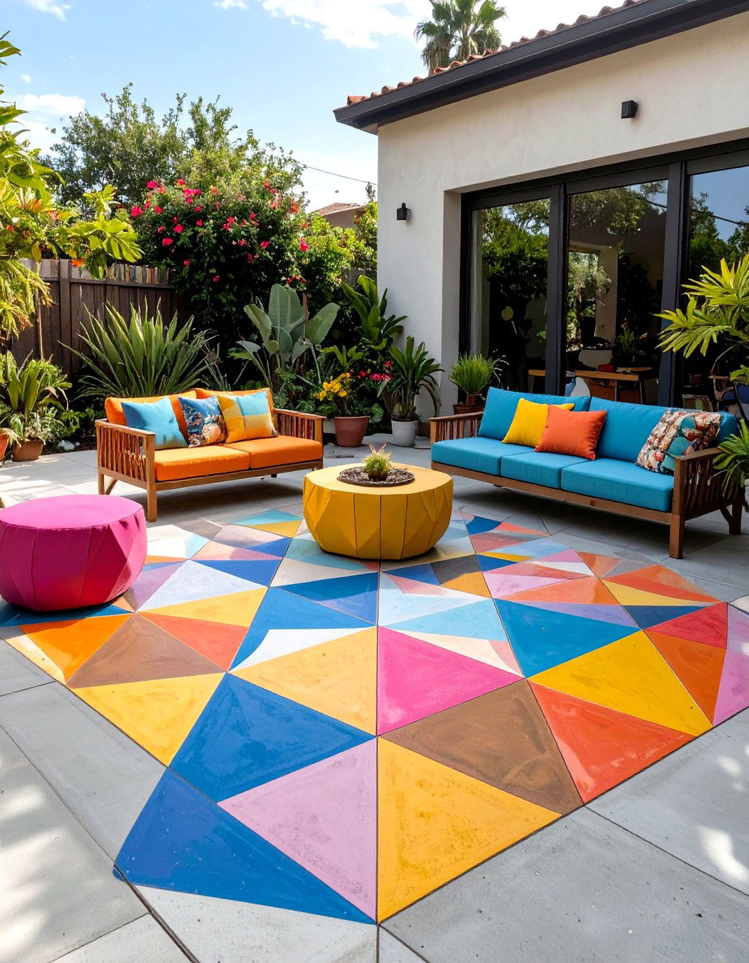Painted Concrete Patio with a Geometric Design - 30 simple concrete patio ideas