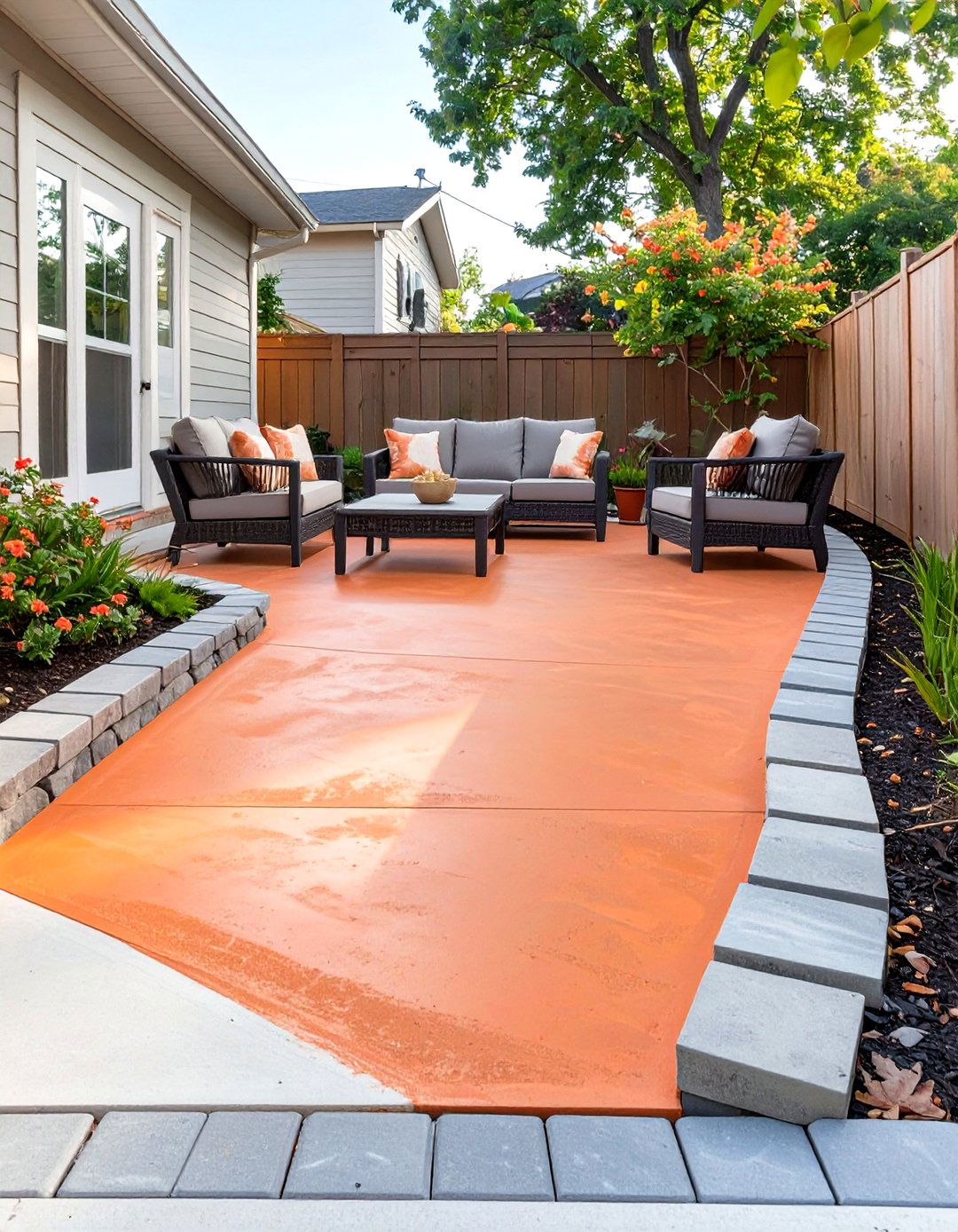 Painted Concrete Slab Patio with Paver Border - 30 small cheap patio paver ideas
