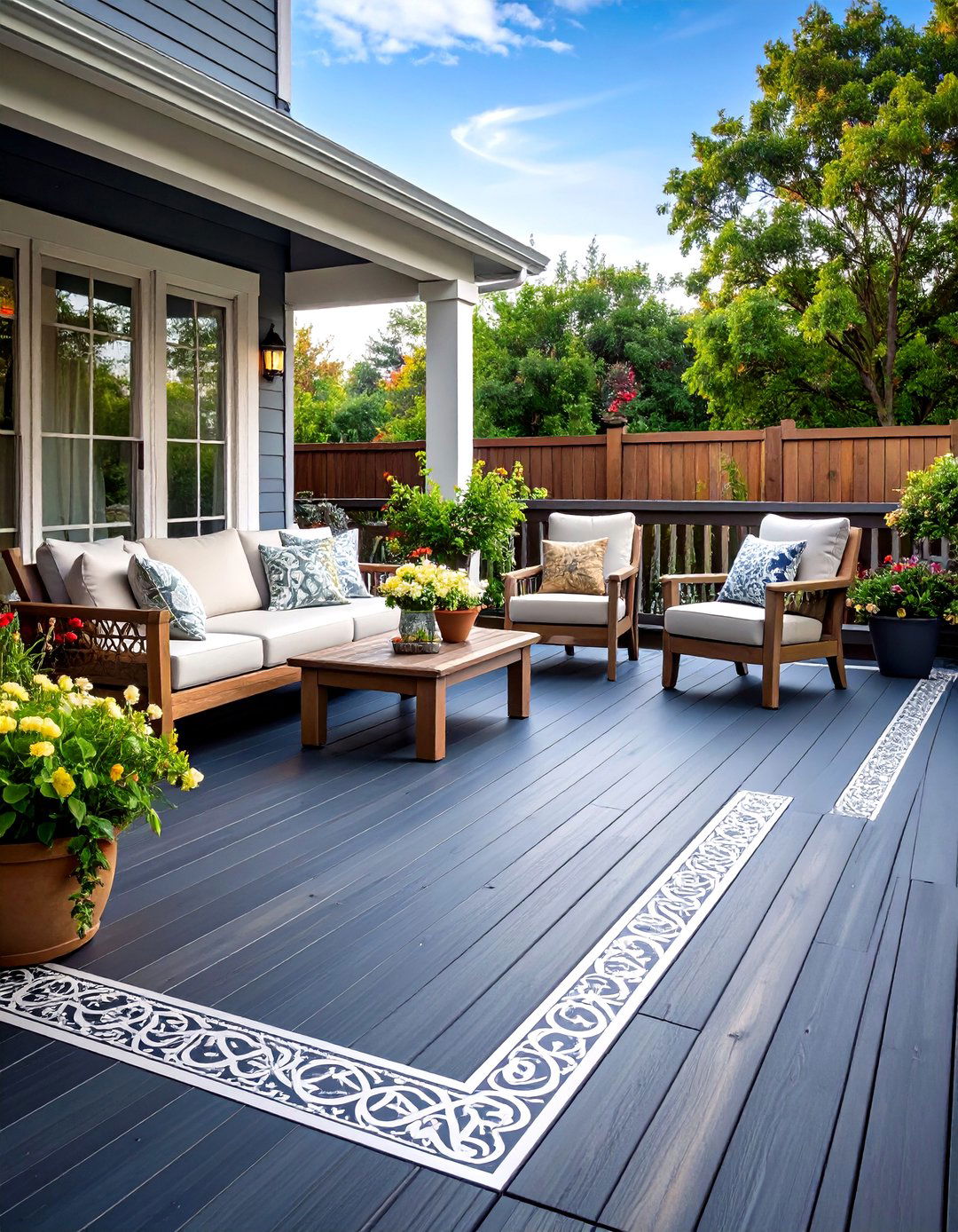 Painted Deck with a Stenciled Border - 30 painted deck ideas