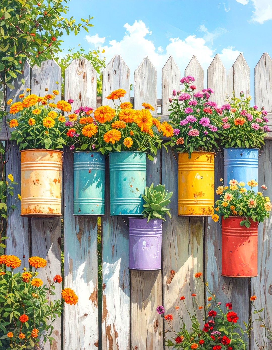 Painted Tin Can Wall Planters - 30 simple garden ideas