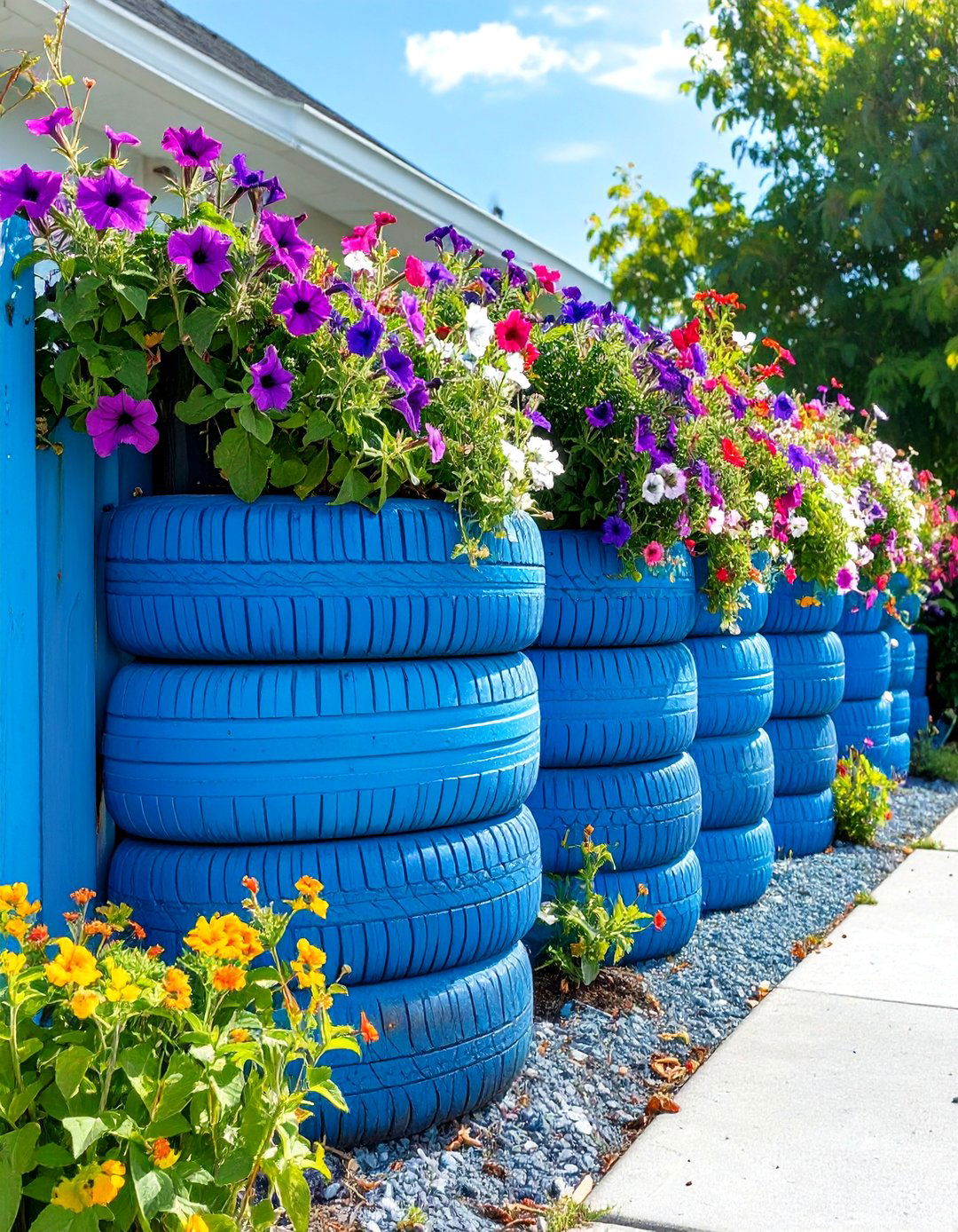 Painted Tire Fence Design - 30 cheap front yard fence ideas