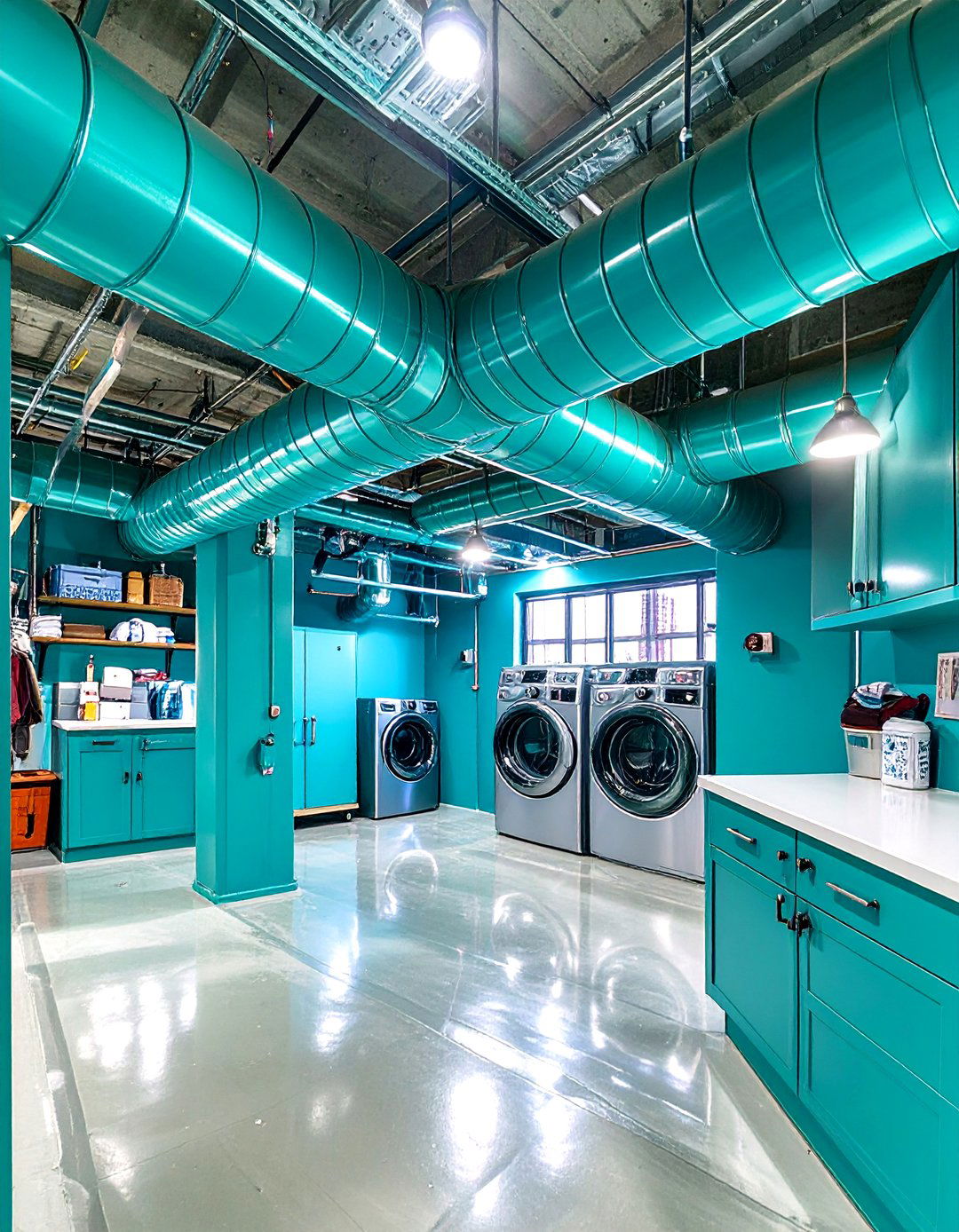 Painting Exposed Ductwork a Statement Color - 30 unfinished basement laundry room ideas