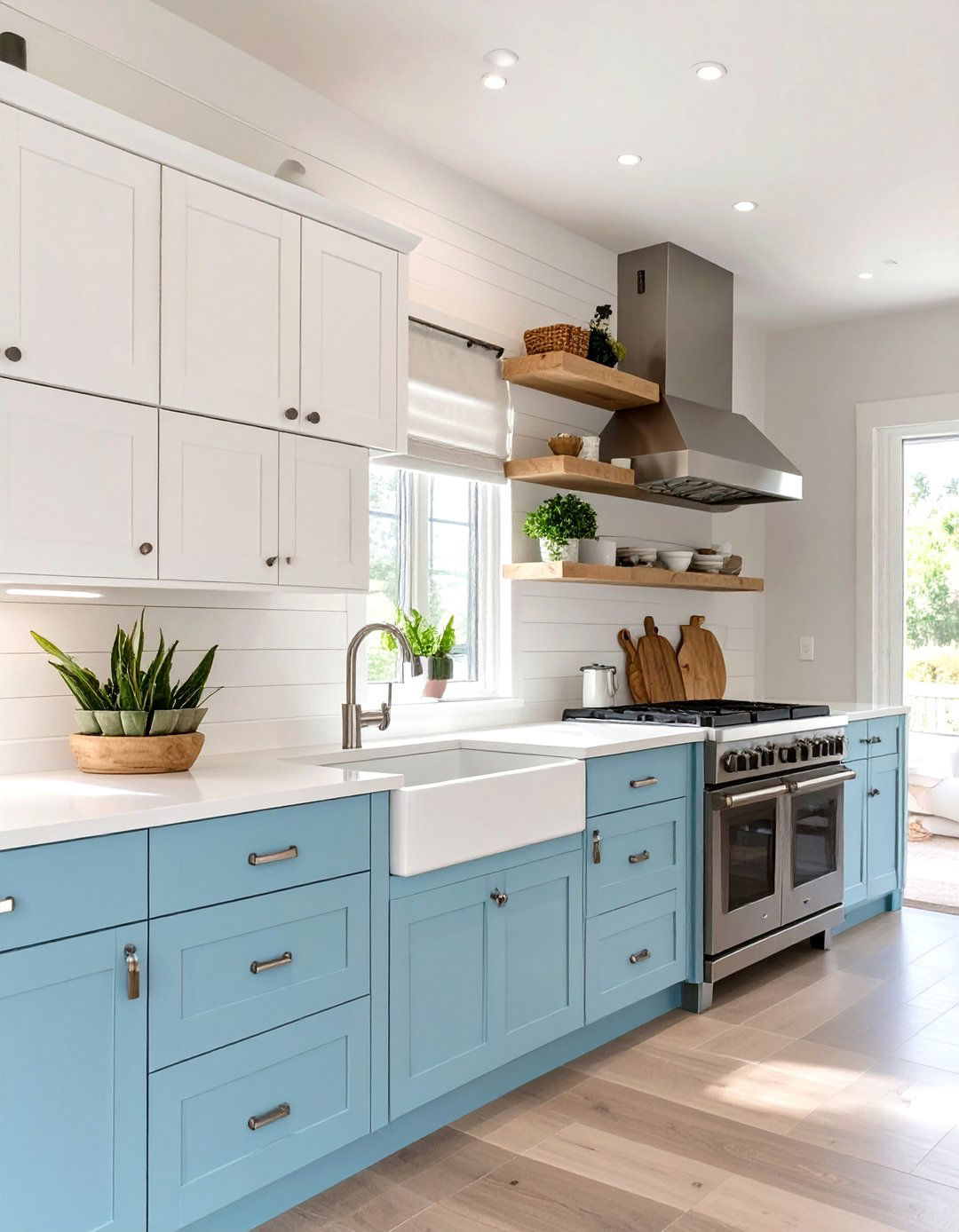 Pale Blue Lowers and Crisp White Uppers - 30 two tone painted kitchen cabinet ideas