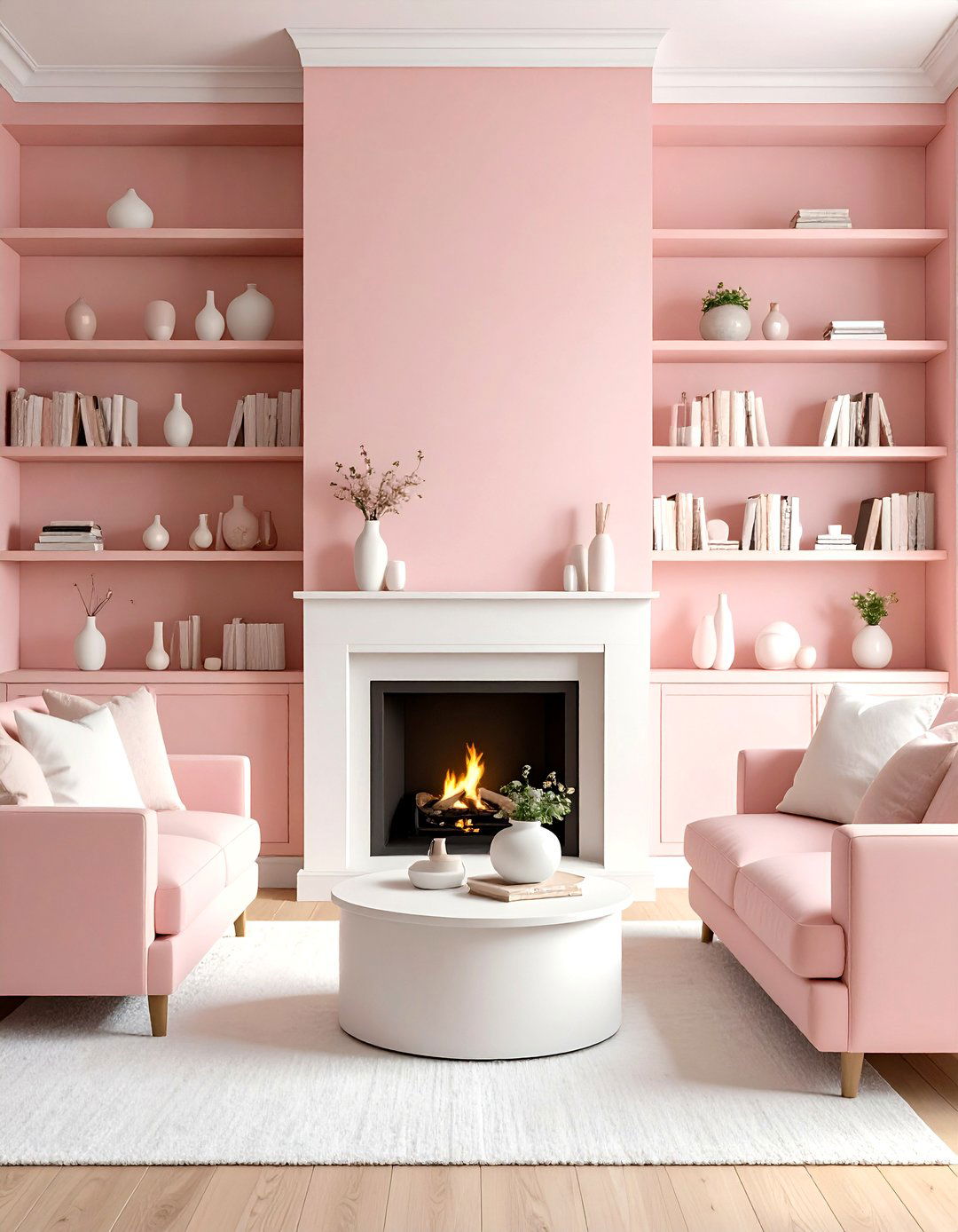 Pale Pink Built in Shelving - 30 pink living room ideas