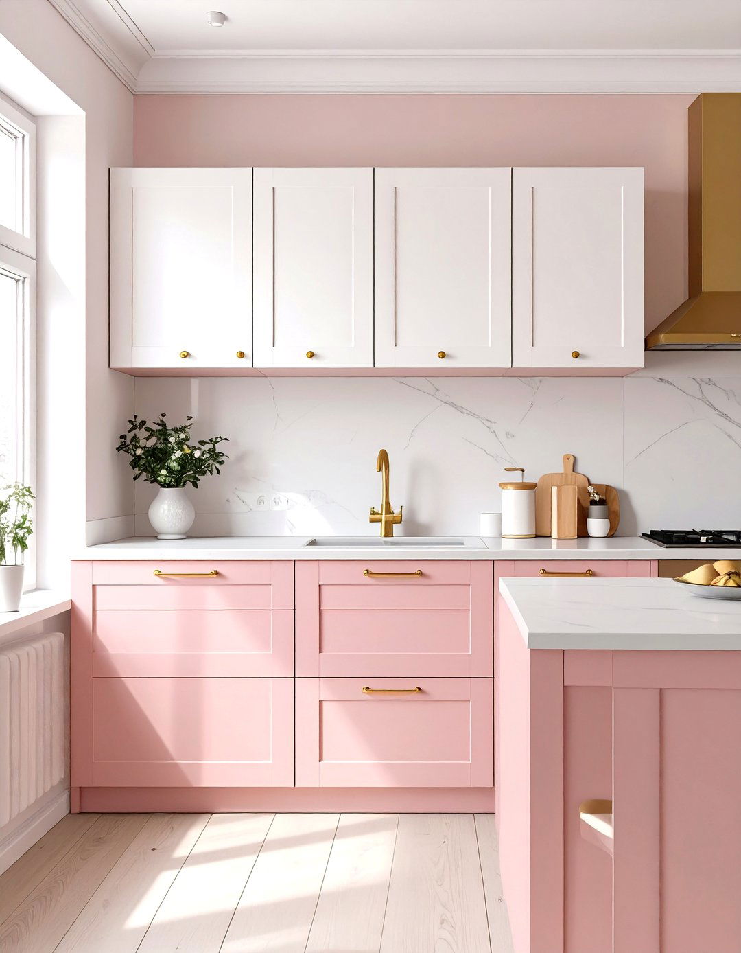 Pale Pink Lowers with Bright White Uppers - 30 two tone kitchen cabinet ideas
