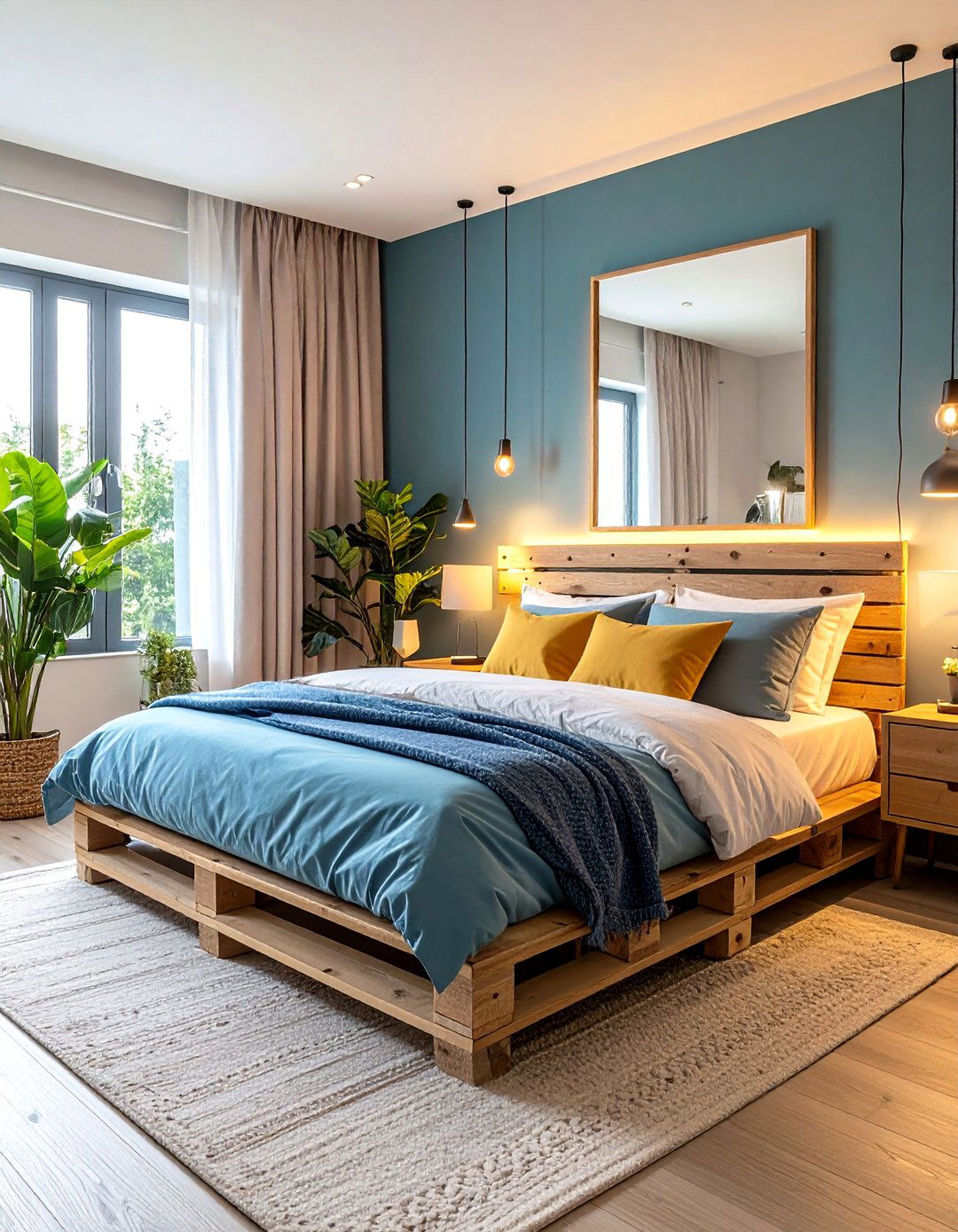 Pallet Bed with Bedside Vanity Lighting - 30 Pallet Bed Ideas with Lights