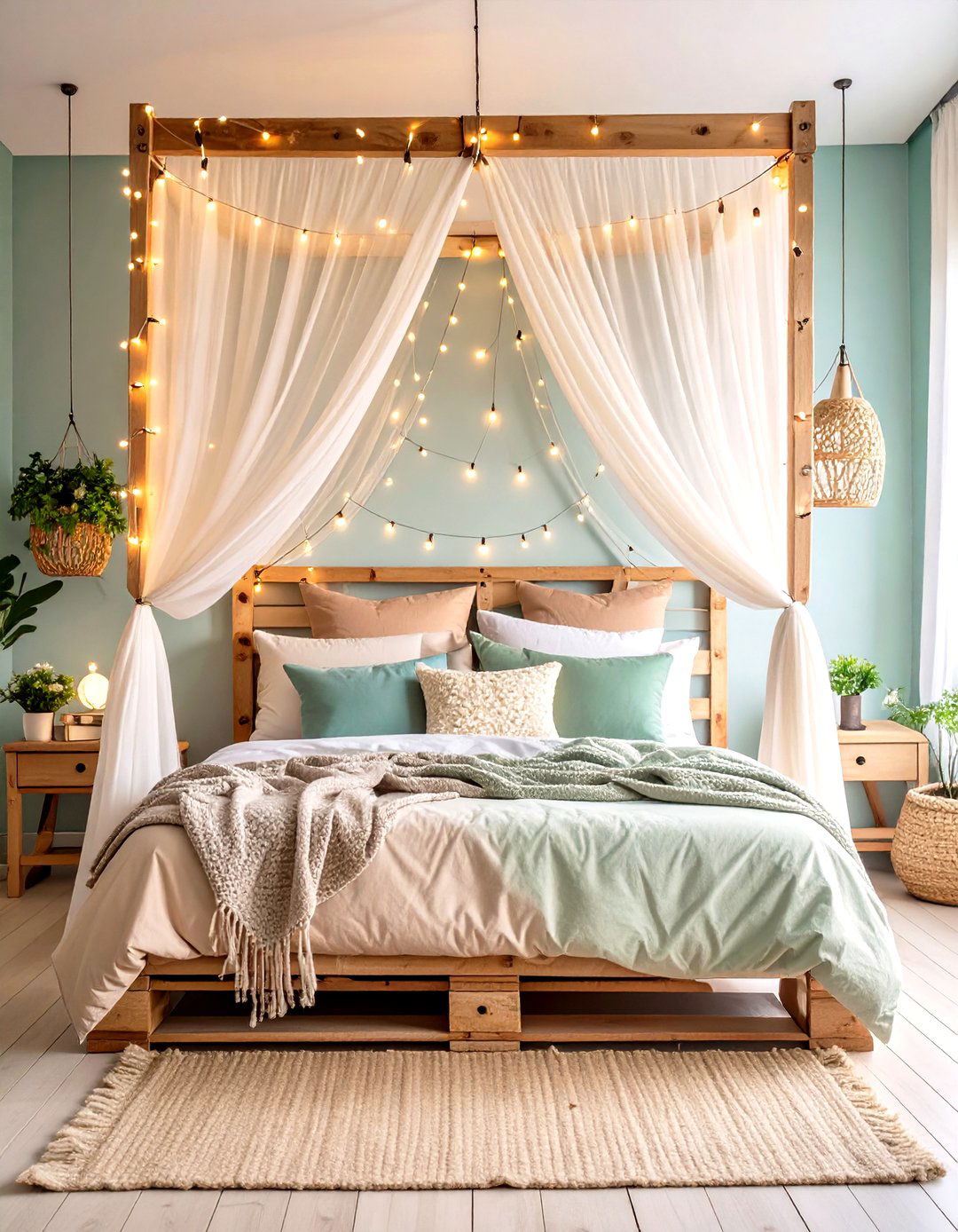 Pallet Bed with Fairy Light Canopy - 30 Pallet Bed Ideas with Lights