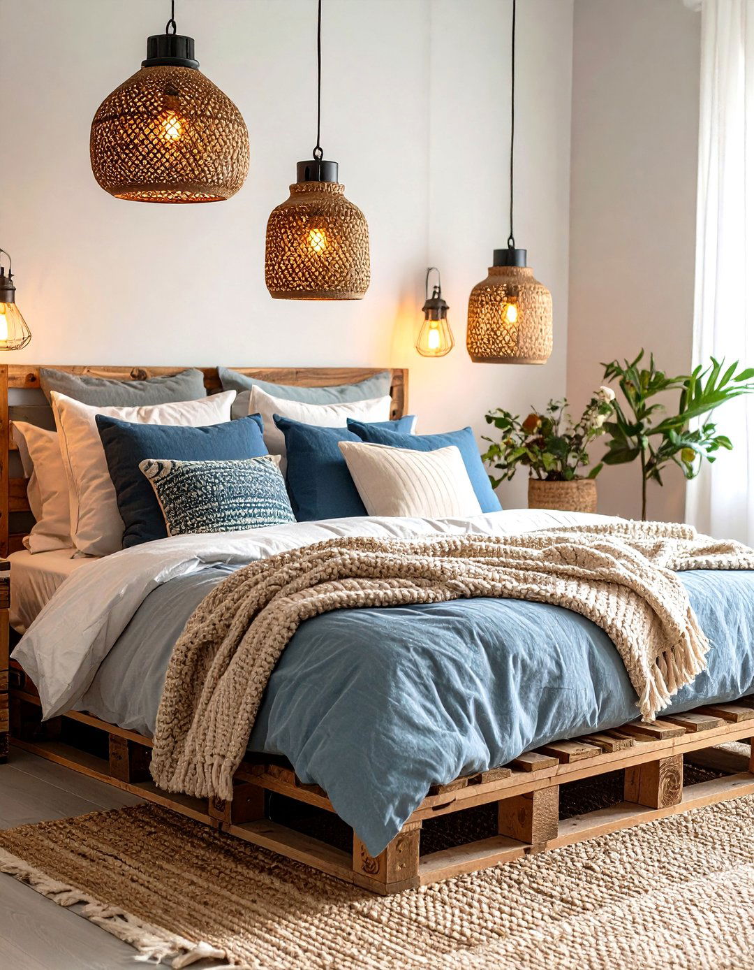 Pallet Bed with Rustic Lantern Lighting - 30 Pallet Bed Ideas with Lights
