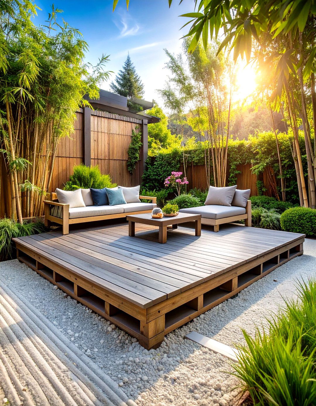 Pallet Deck in a Zen Garden - 30 pallet deck ideas