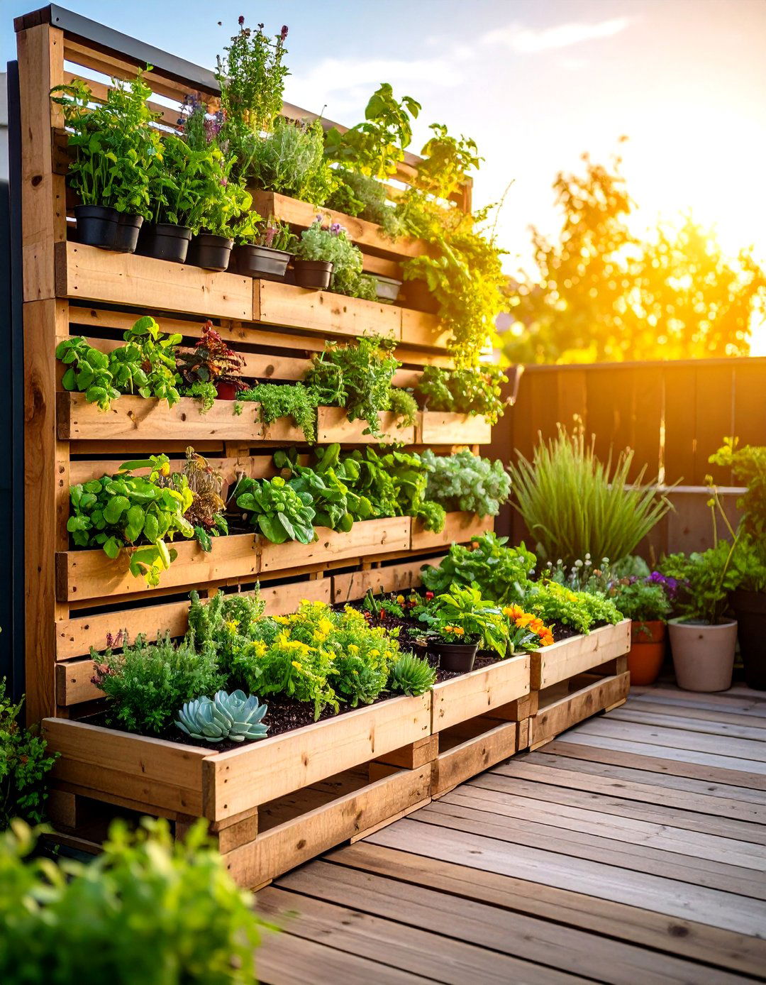 Pallet Deck with a Vertical Garden Wall - 30 pallet deck ideas