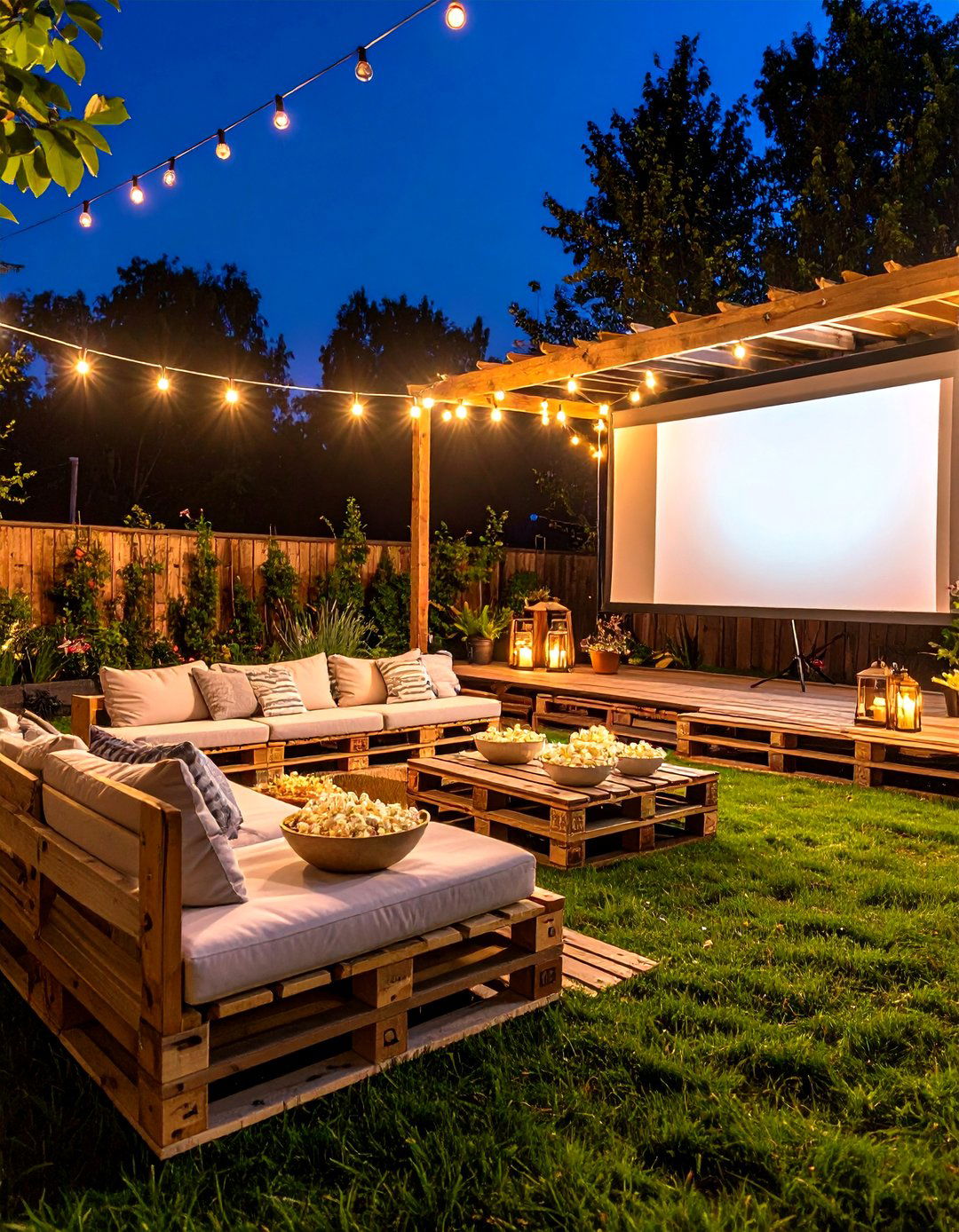 Pallet Deck with an Outdoor Movie Screen - 30 pallet deck ideas