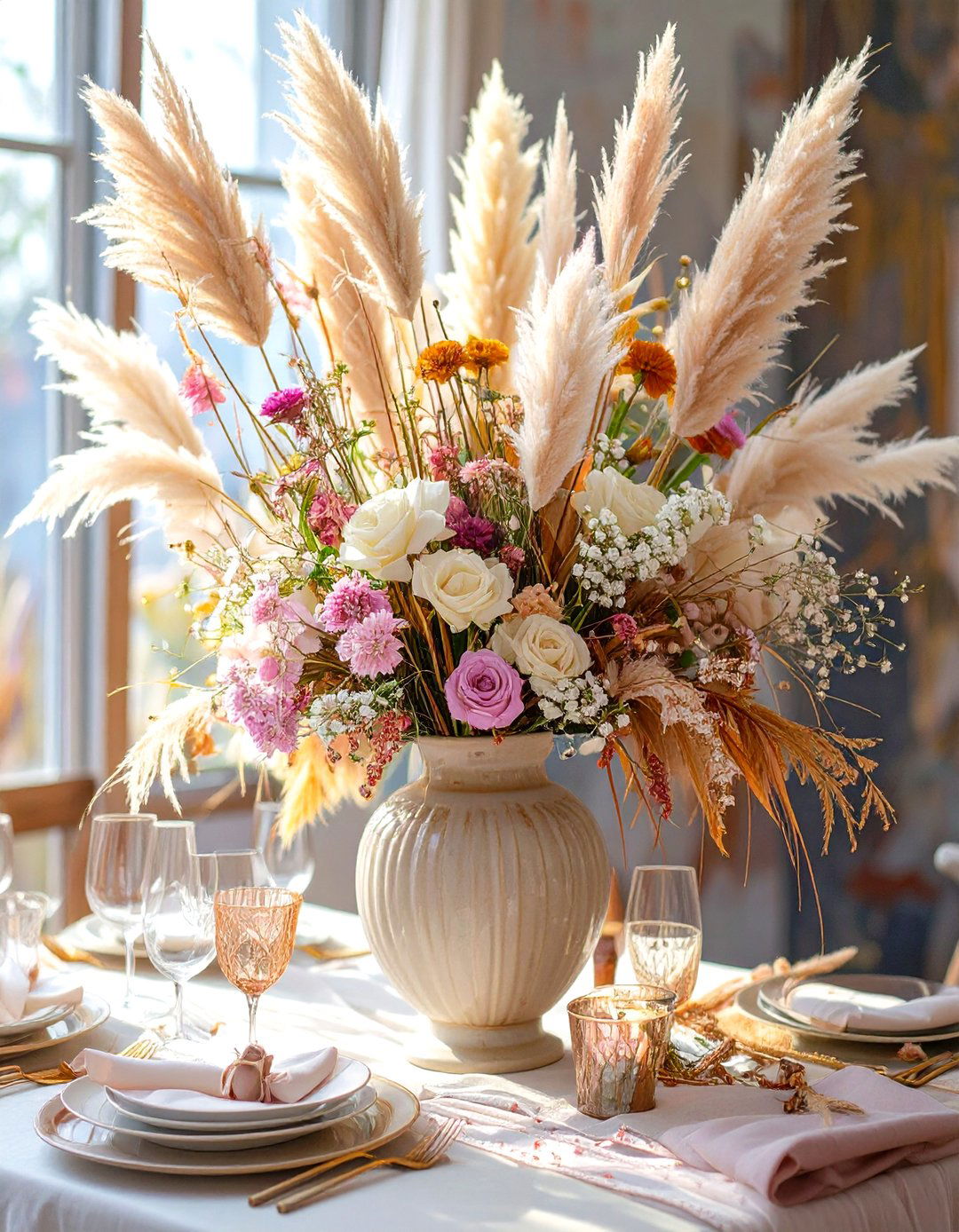 Pampas Grass and Dried Floral Arrangements - 30 wedding shower decor ideas