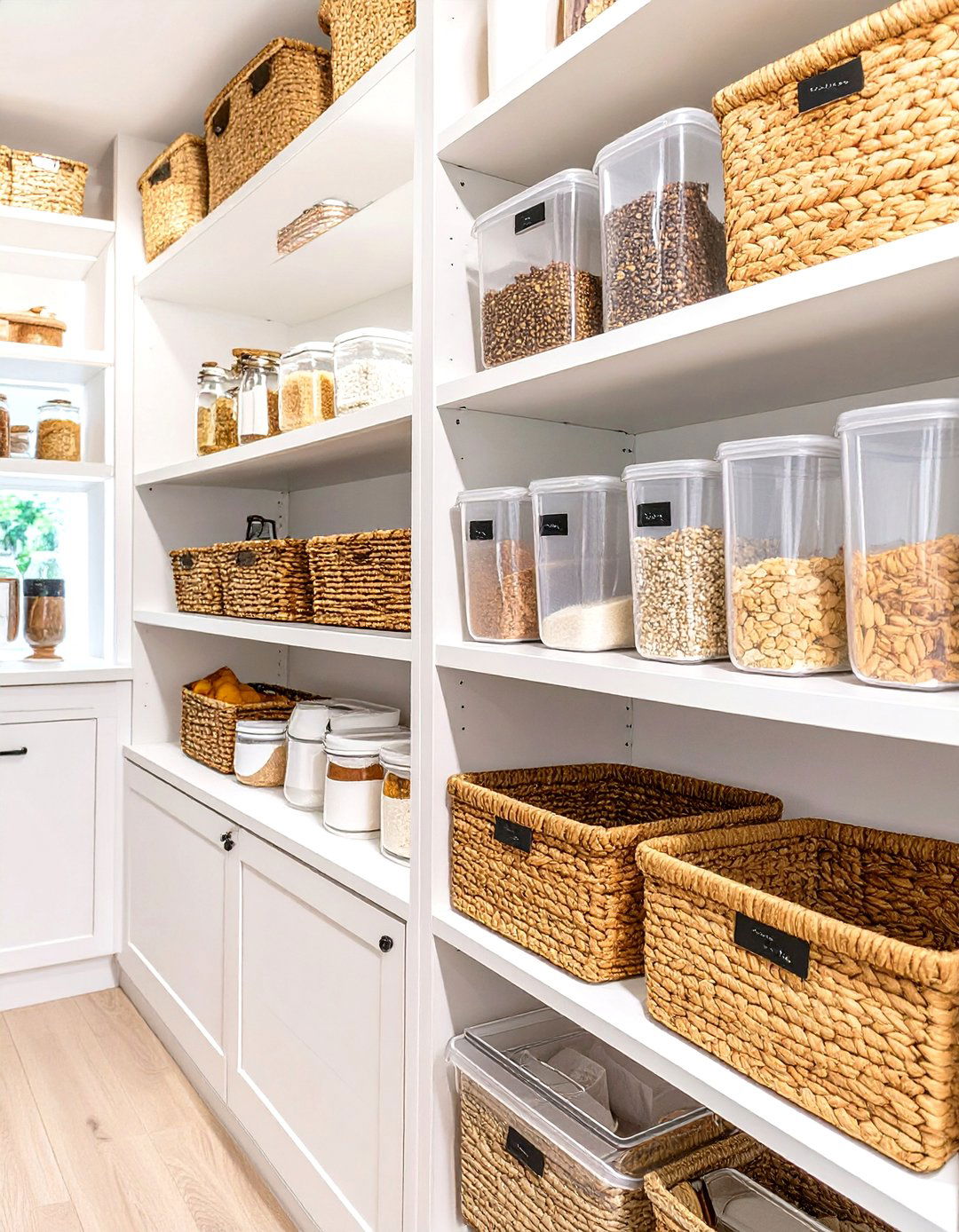 Pantry with Labeled Bins and Baskets - 30 small kitchen pantry ideas