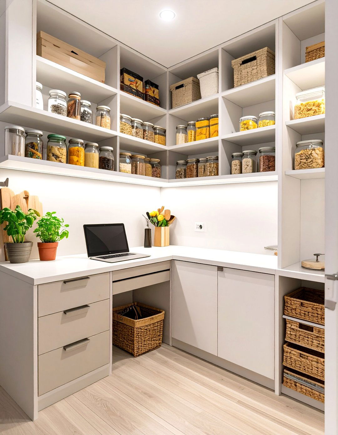 Pantry with a Built In Desk - 30 corner pantry ideas