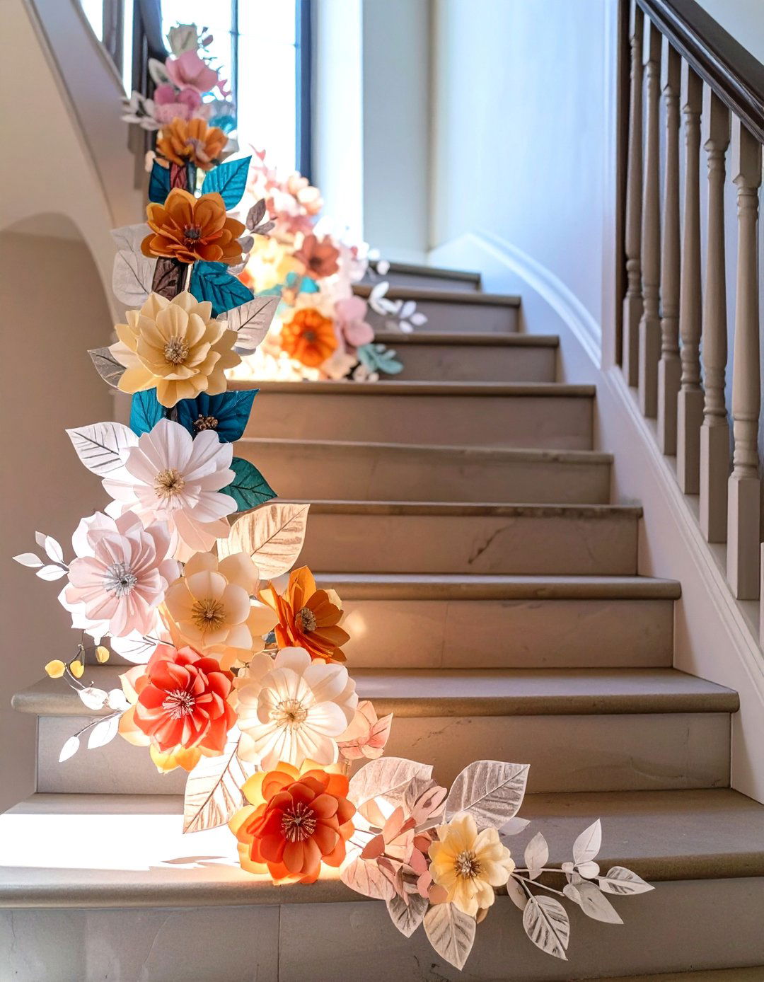 Paper Flower and Vellum Leaf Garland - 30 garland on stairs ideas