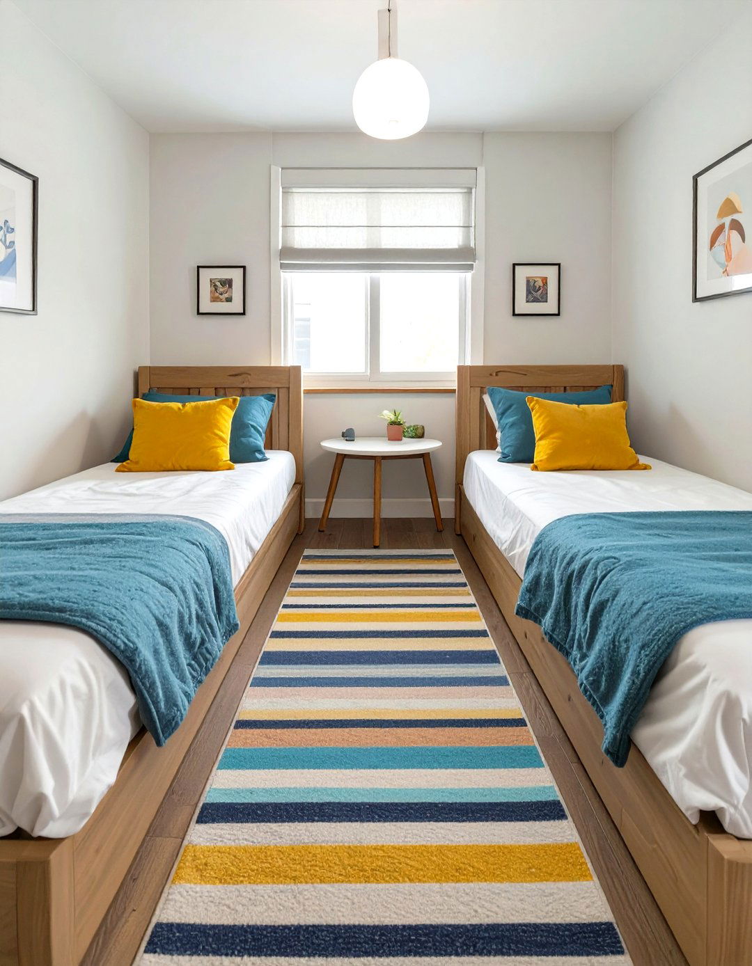 Parallel Twin Beds with a Central Walkway - 30 shared bedroom ideas for small rooms