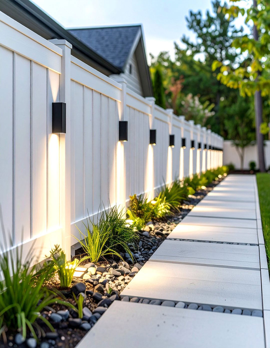 Path Lights Along the Fence Base - 30 outdoor fence lighting ideas