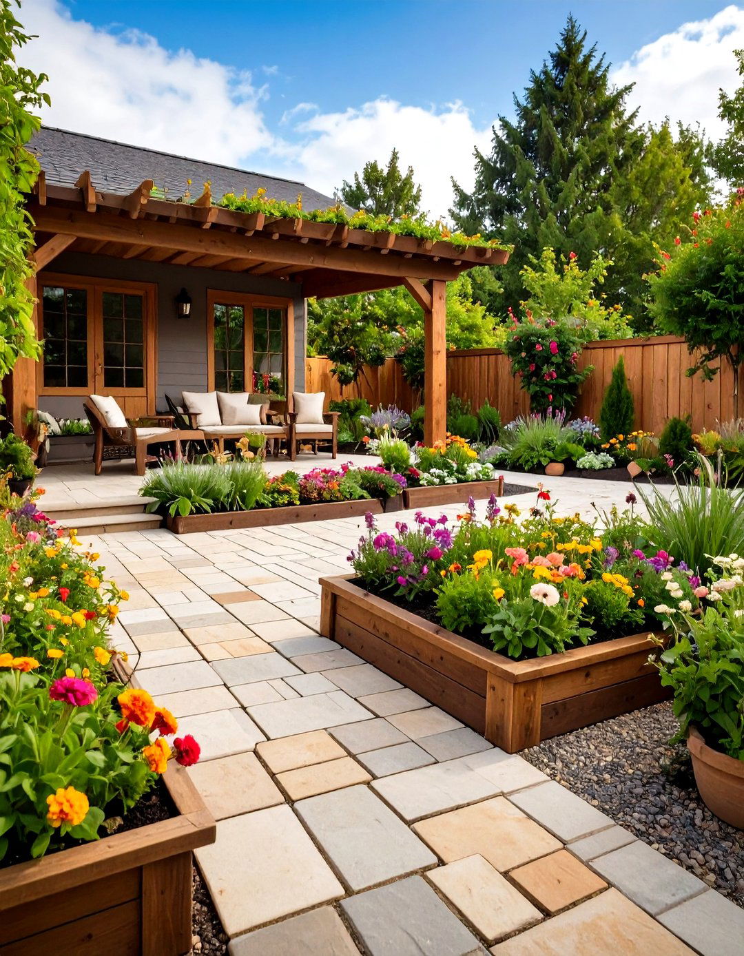 Patio Bordered by Raised Garden Beds - 30 patio landscape ideas
