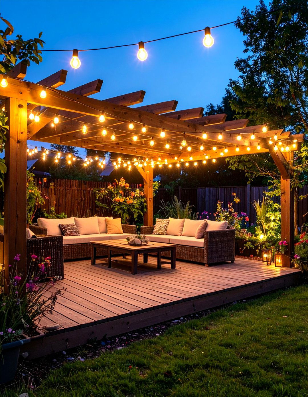 Patio Enhanced with String Lighting - 30 patio landscape ideas
