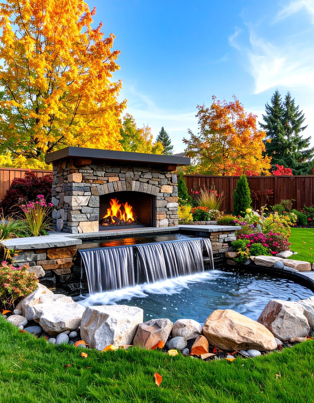 Patio Fireplace with an Integrated Waterfall Feature - 30 patio fireplace ideas