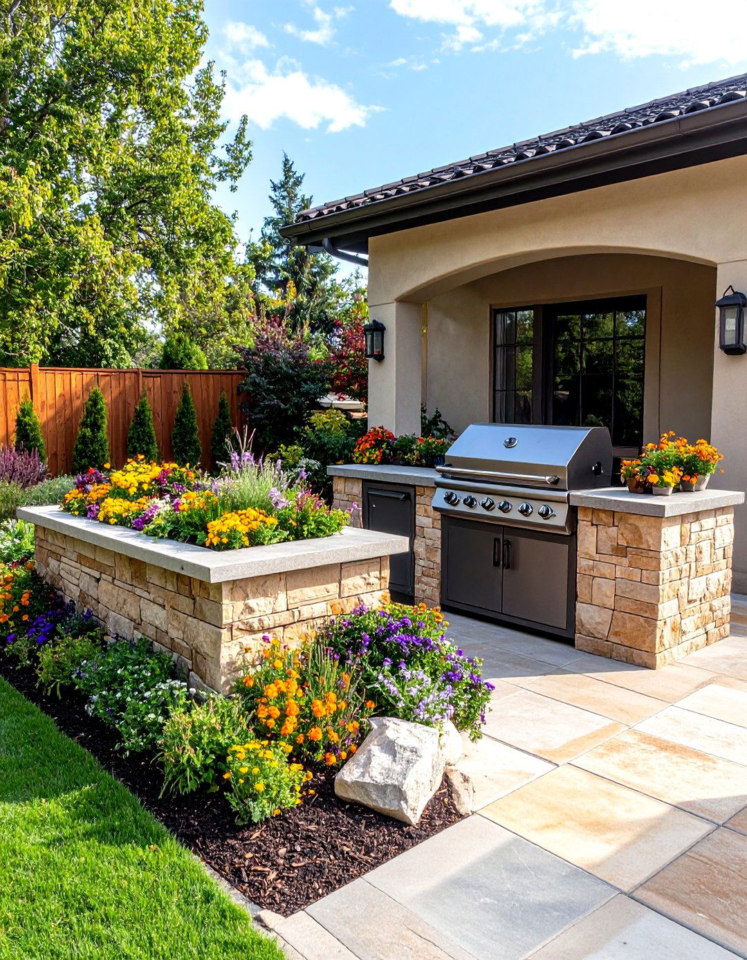Patio Grill Flanked by Countertop Planters - 30 patio grill ideas