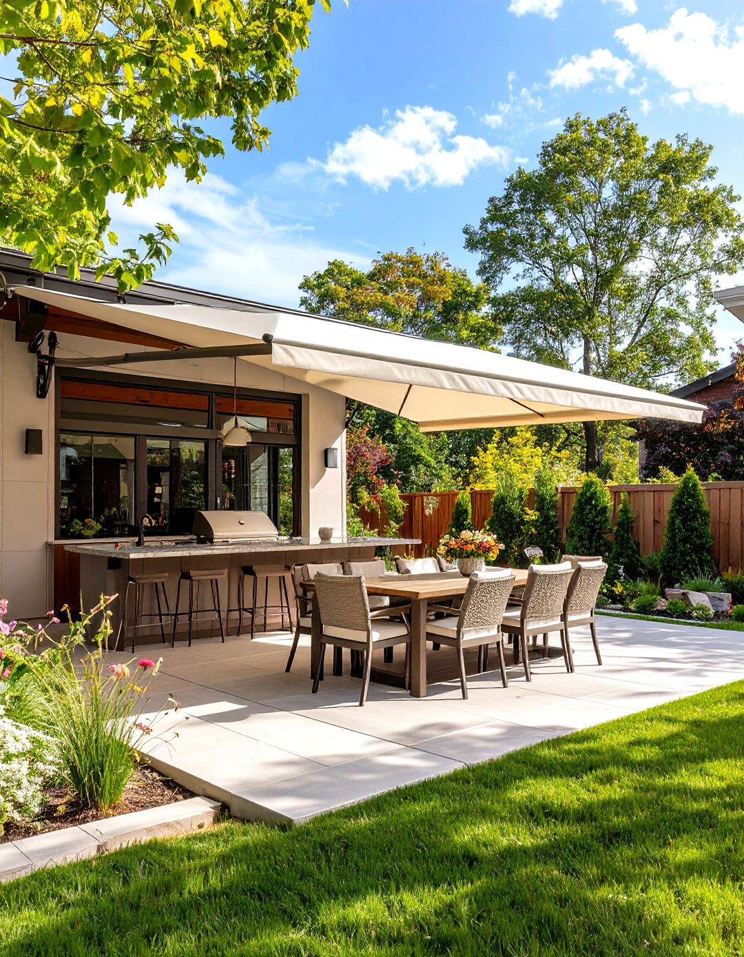 Patio Kitchen with a Retractable Awning - 30 patio kitchen ideas