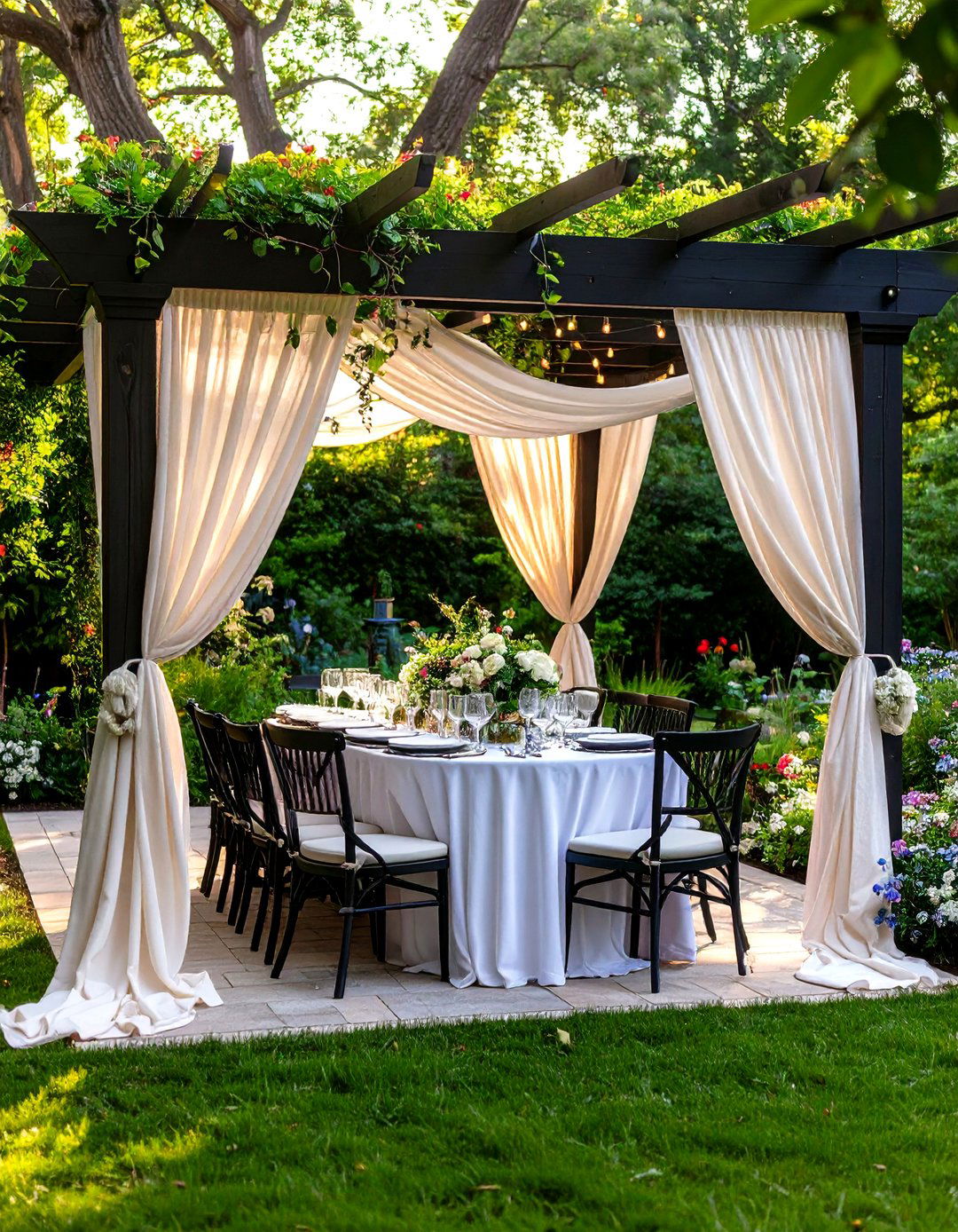Patio Pergola with Fabric Drapes - 30 pergola ideas for patio