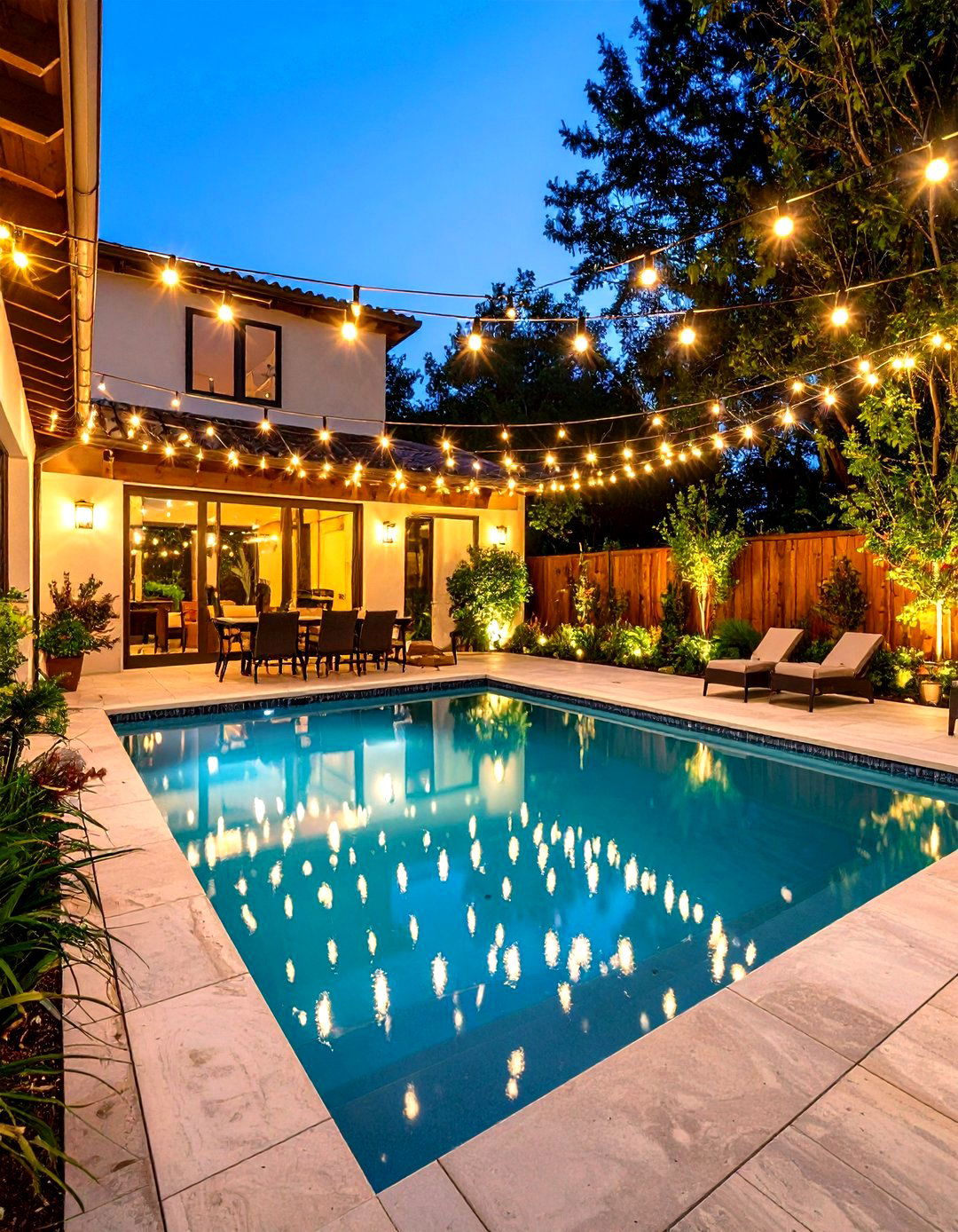 Patio String Lights Reflected in a Water Feature - 30 patio string lights ideas
