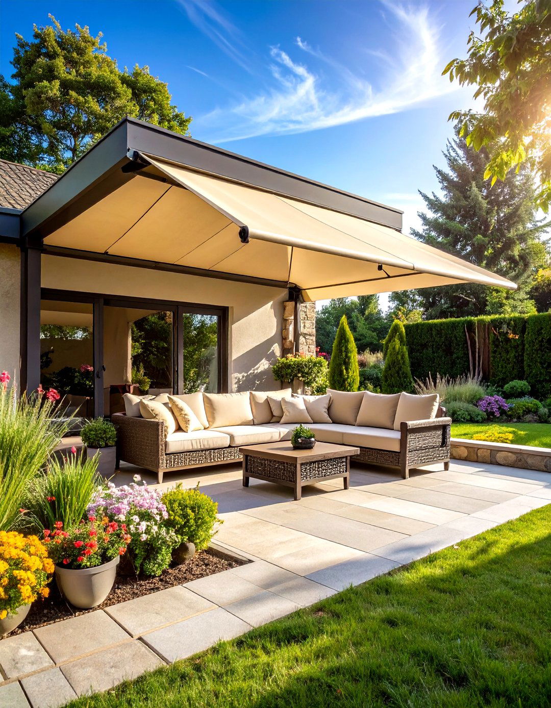 Patio with a Retractable Awning - 30 patio landscape ideas