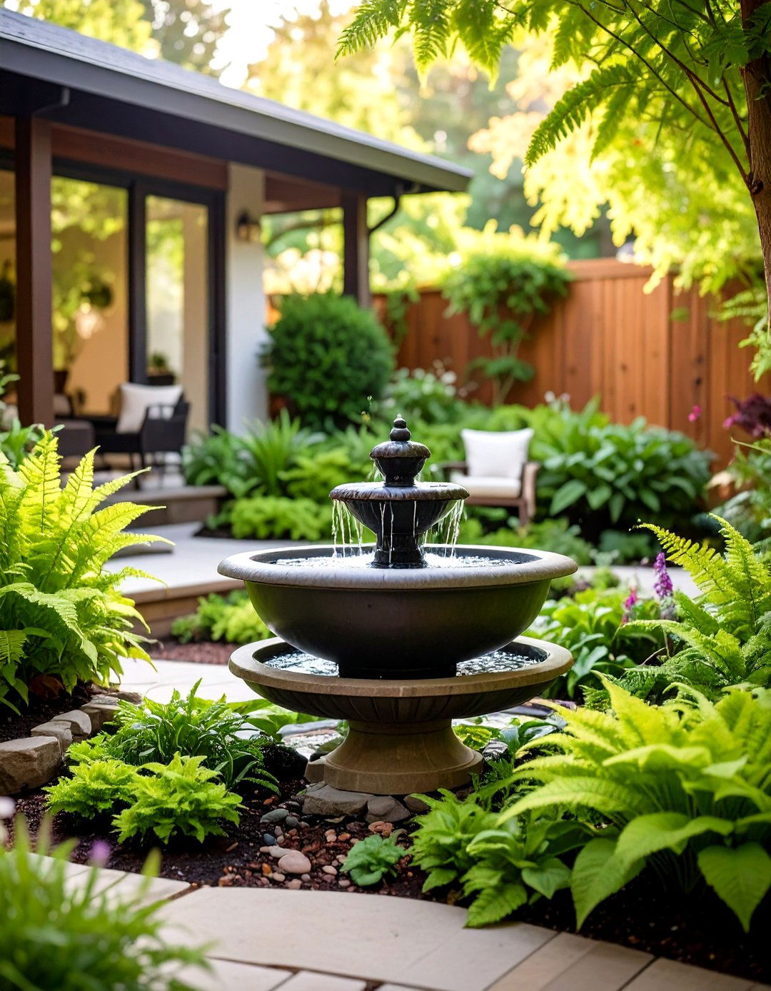 Patio with a Soothing Water Feature - 30 patio landscape ideas