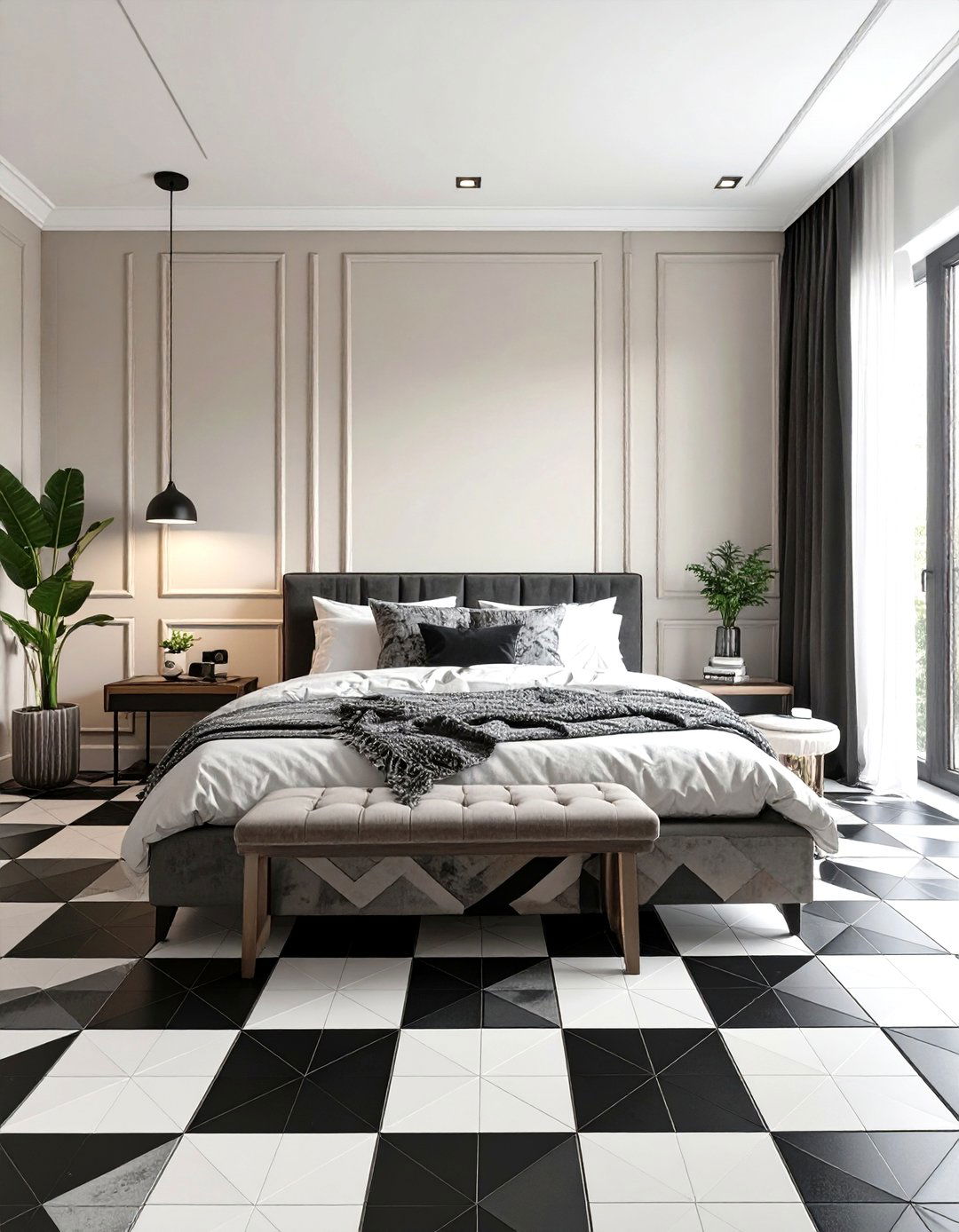 Patterned Floors and Plain Walls Bedroom - 30 opposition in interior design ideas