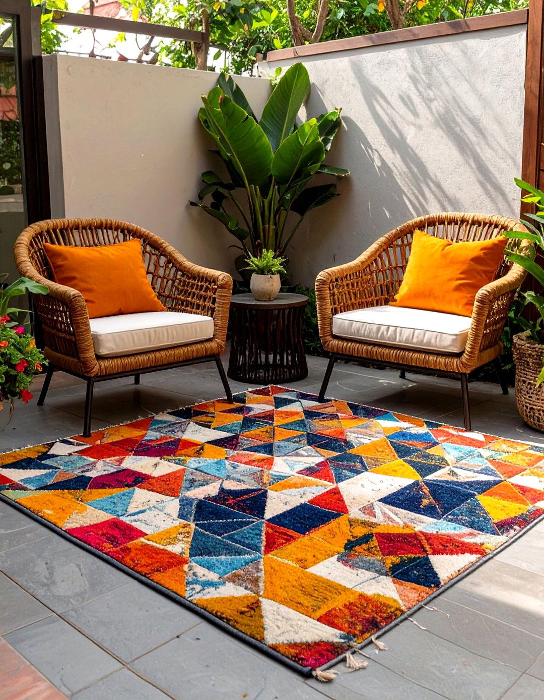 Patterned Outdoor Rug to Define the Space - 30 small outdoor patio ideas