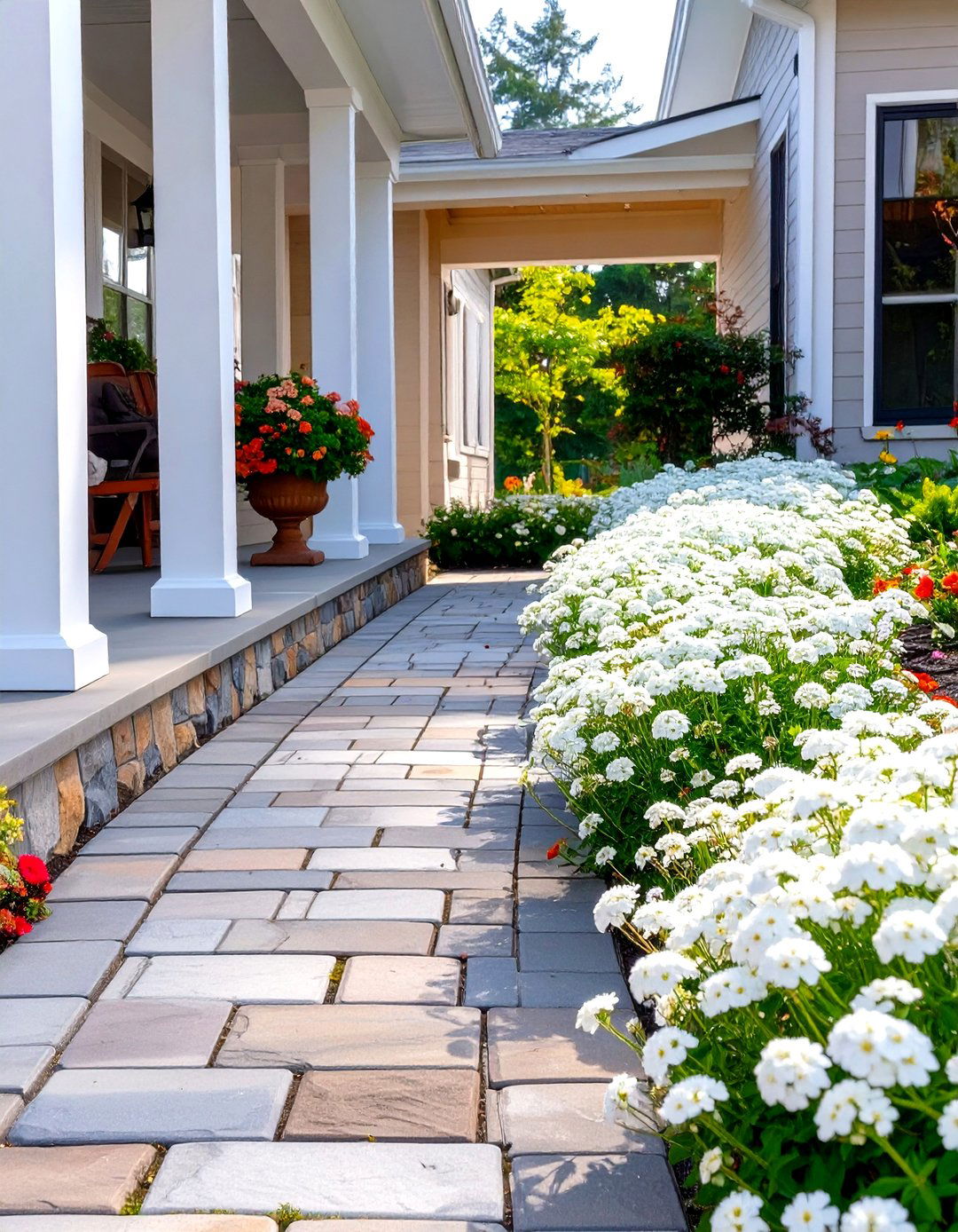 Paver Pathway Edging with Low Growing Flowers - 30 small front porch landscaping ideas