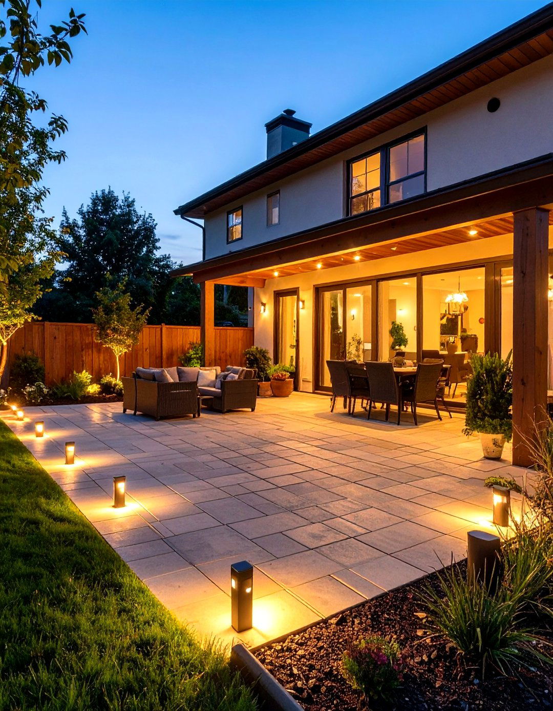 Paver Patio Accented with Solar Lights - 30 paver patio ideas on a budget