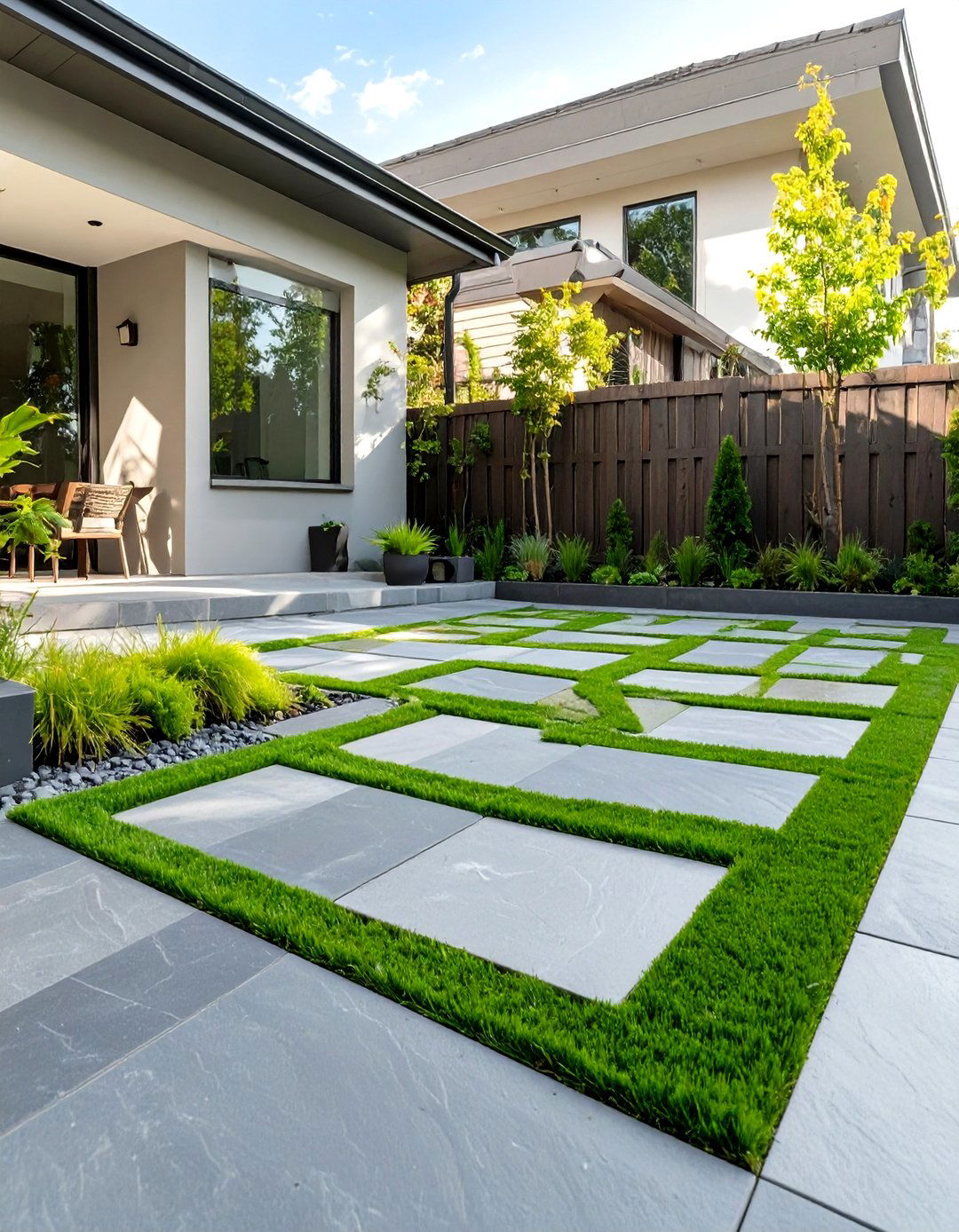 Paver Patio with Artificial Grass Inlay - 30 small paver patio ideas