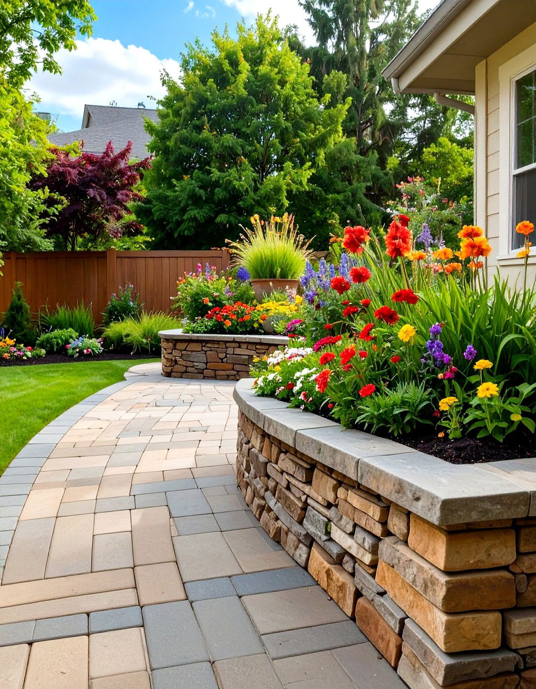 Paver Patio with Raised Planter Bed Edging - 30 simple paver patio ideas