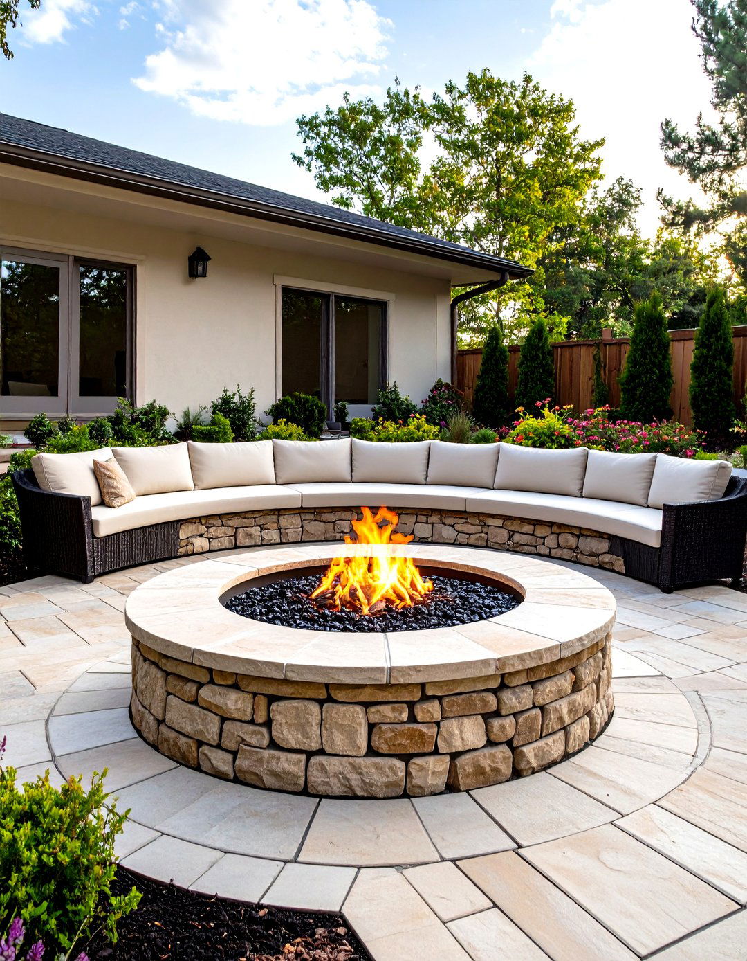 Paver Patio with a Seating Wall - 30 fire pit landscaping ideas