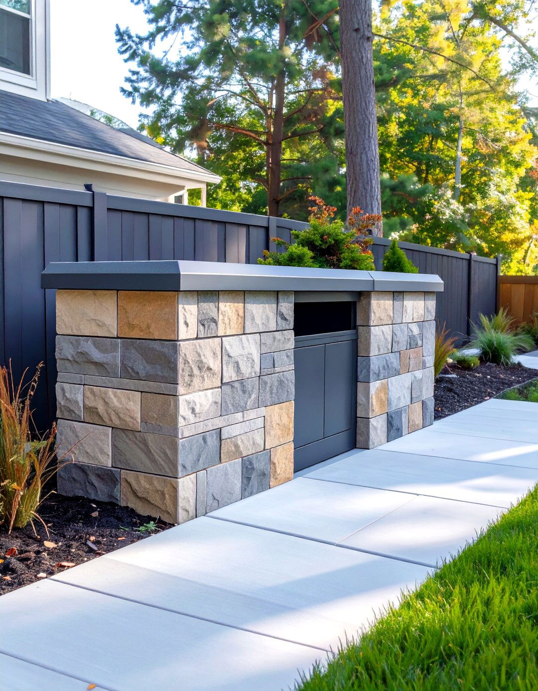 Paver Wall Garbage Can Stall - 30 outdoor garbage can storage ideas