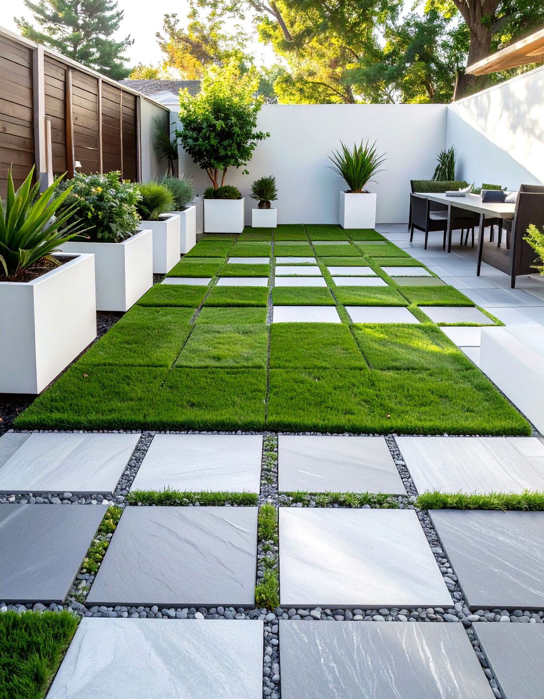 Paver and Artificial Turf Checkerboard Patio - 30 small cheap patio paver ideas