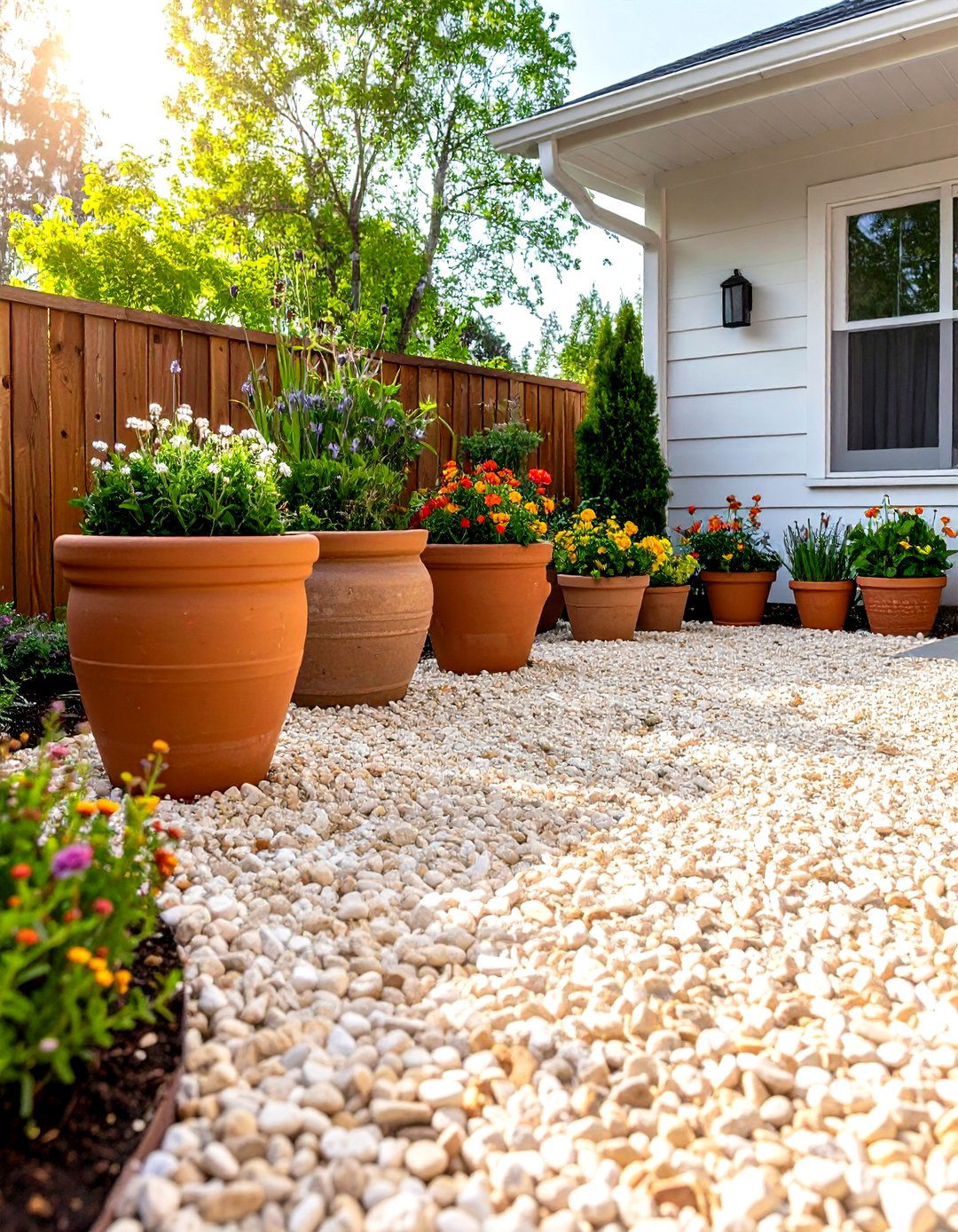 Pea Gravel Base for a Container Garden - 30 pea gravel landscaping ideas