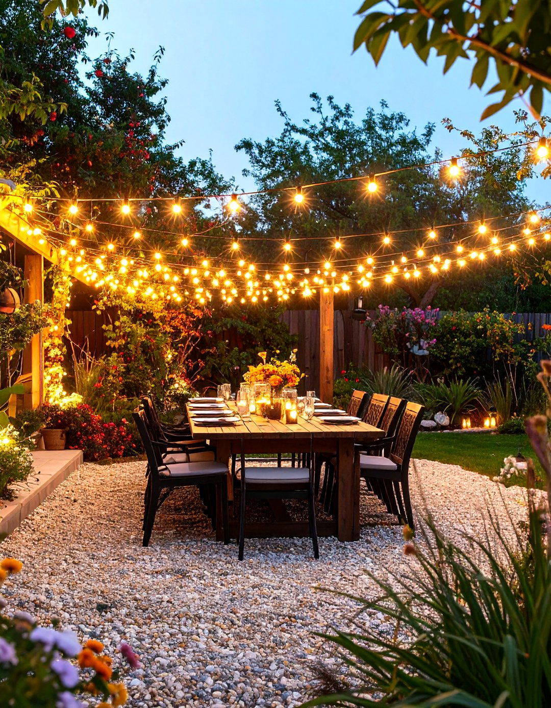 Pea Gravel Dining Area with String Lights - 30 pea gravel patio ideas