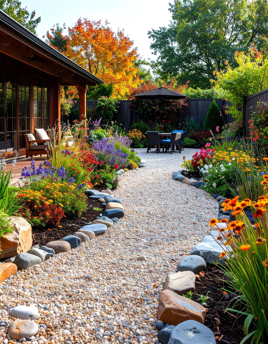 Pea Gravel Patio Edged with River Rocks - 30 pea gravel patio ideas