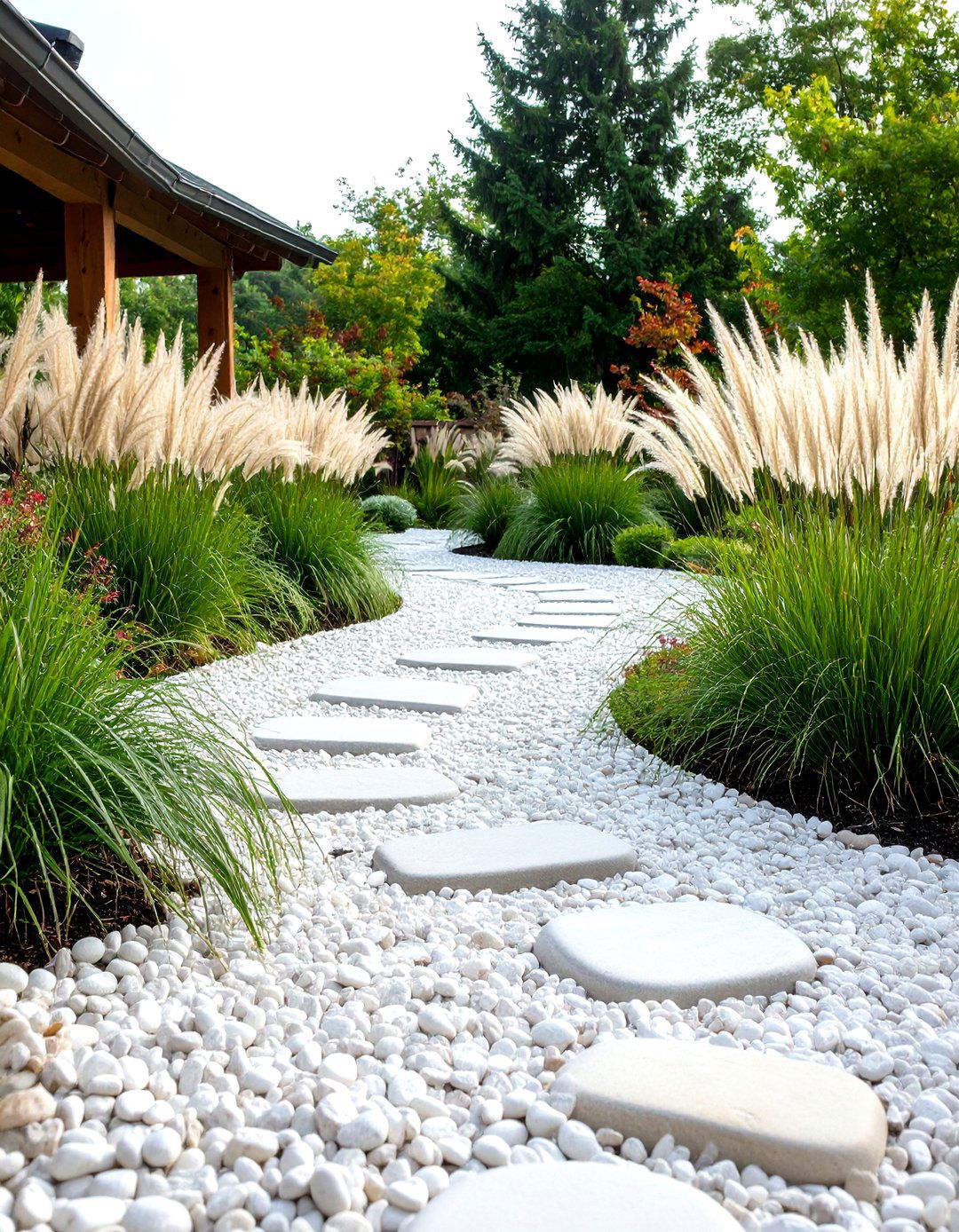 Pea Gravel Patio Framed by Ornamental Grasses - 30 pea gravel patio ideas