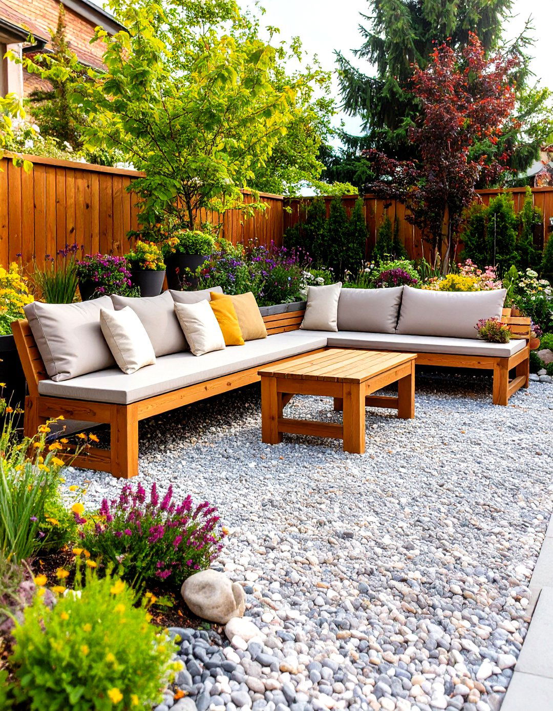 Pea Gravel Patio with Built In Wooden Benches - 30 pea gravel patio ideas