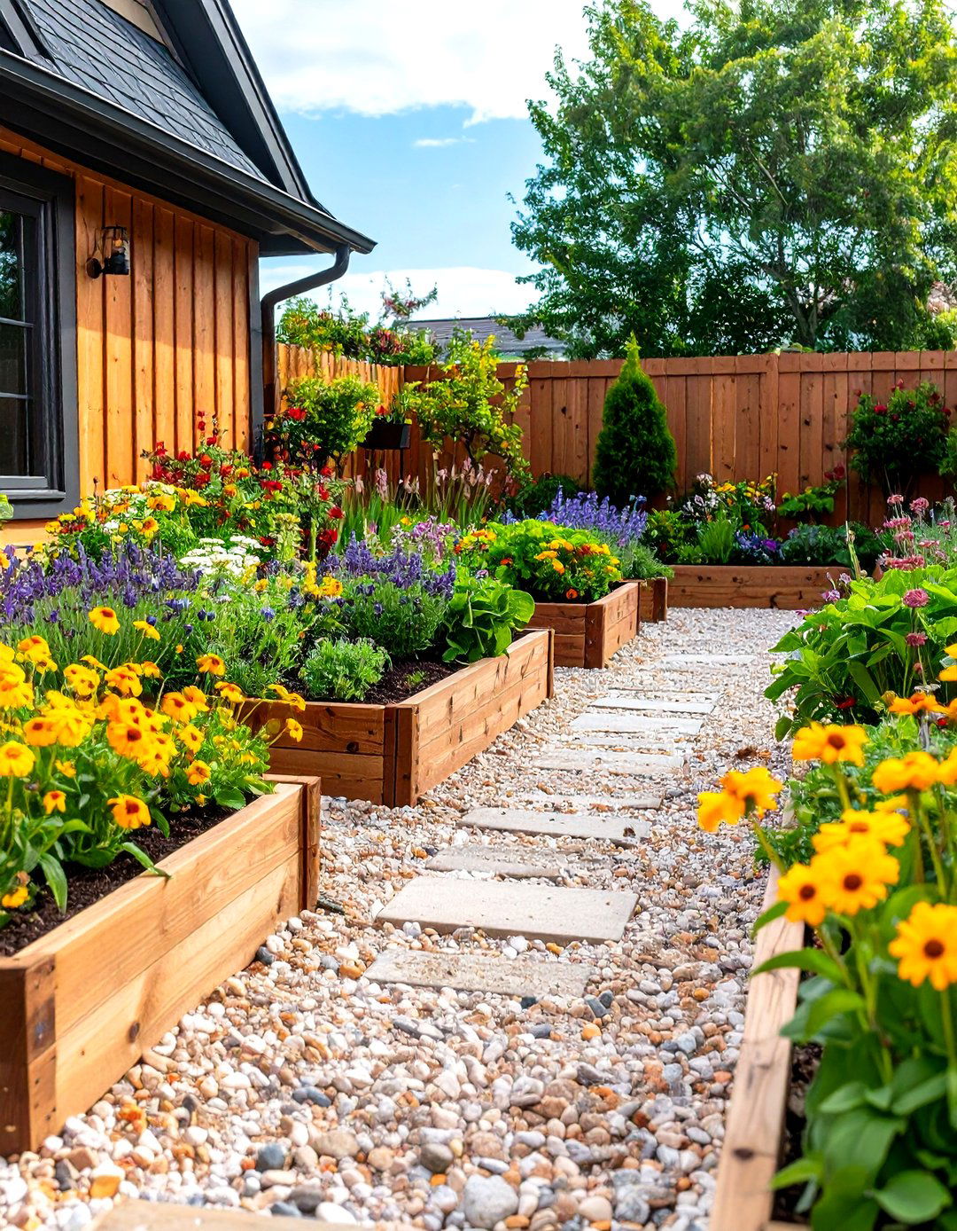 Pea Gravel Patio with Integrated Garden Beds - 30 pea gravel patio ideas