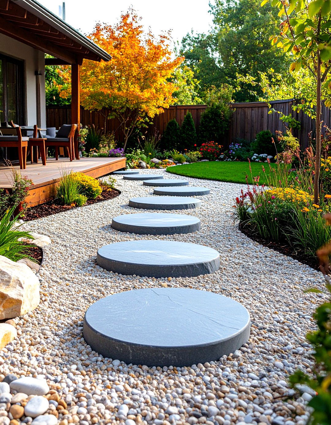 Pea Gravel Patio with Stepping Stone Accents - 30 pea gravel patio ideas