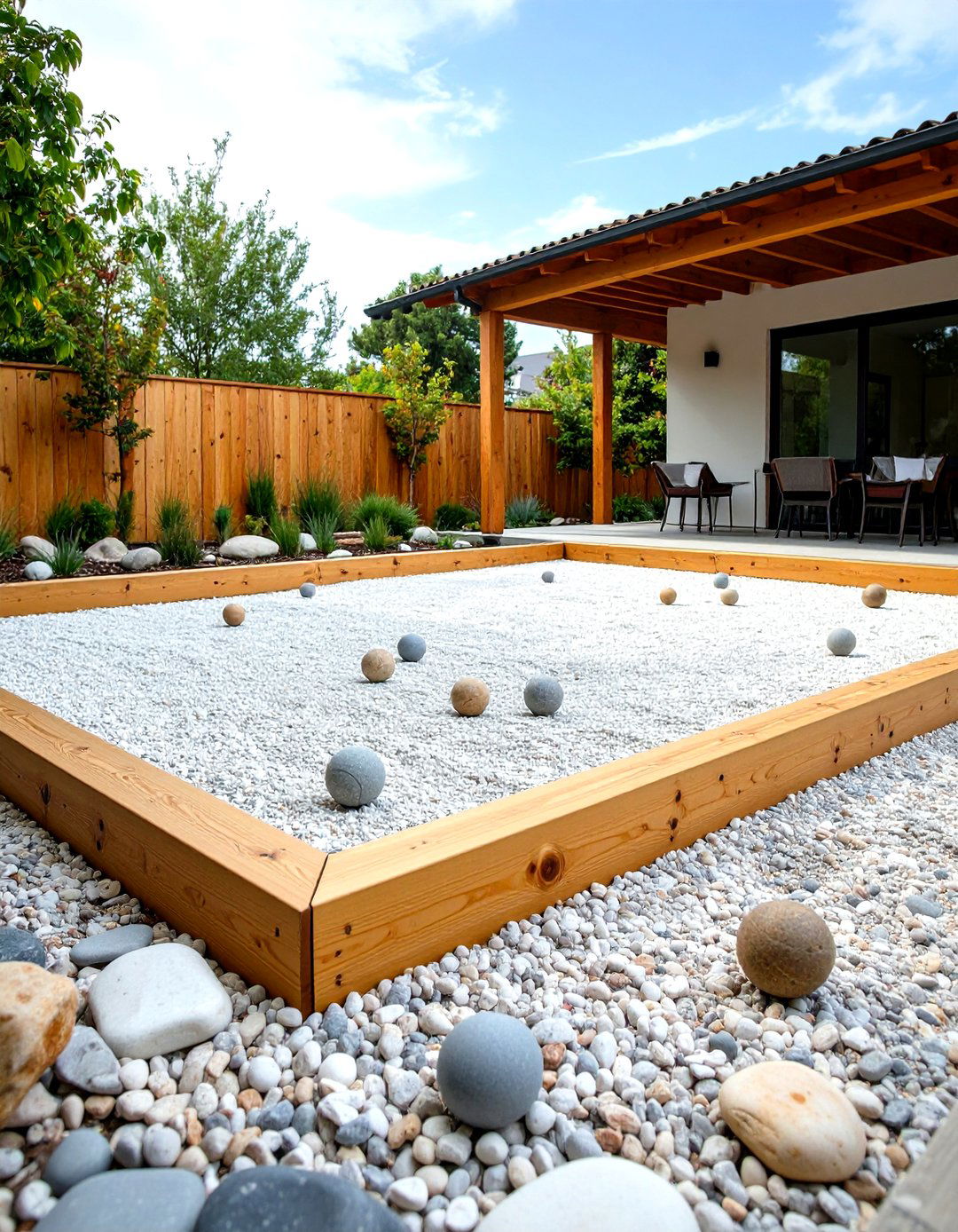 Pea Gravel Patio with a Bocce Ball Court - 30 pea gravel patio ideas