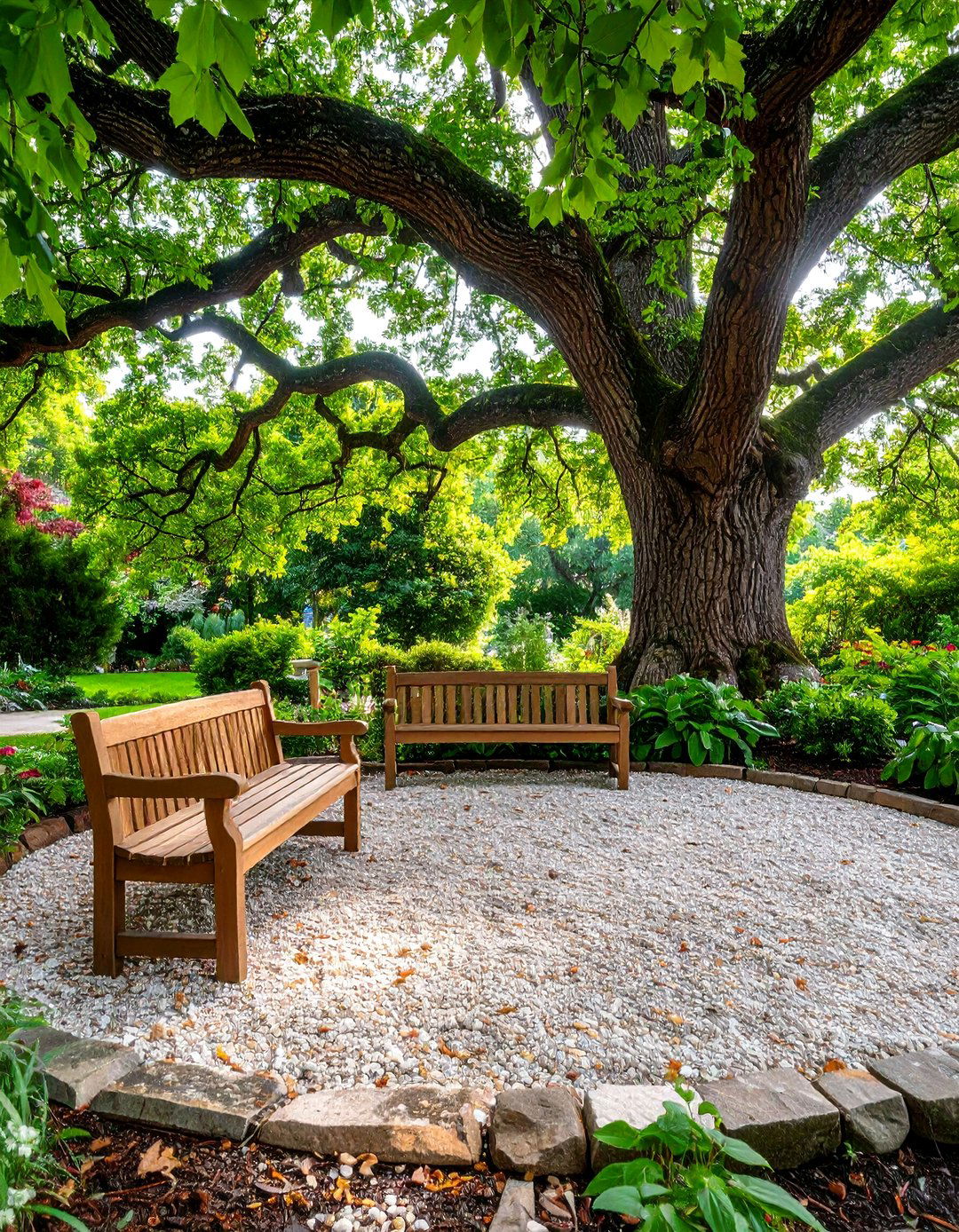 Pea Gravel Patio with a Central Tree - 30 pea gravel patio ideas